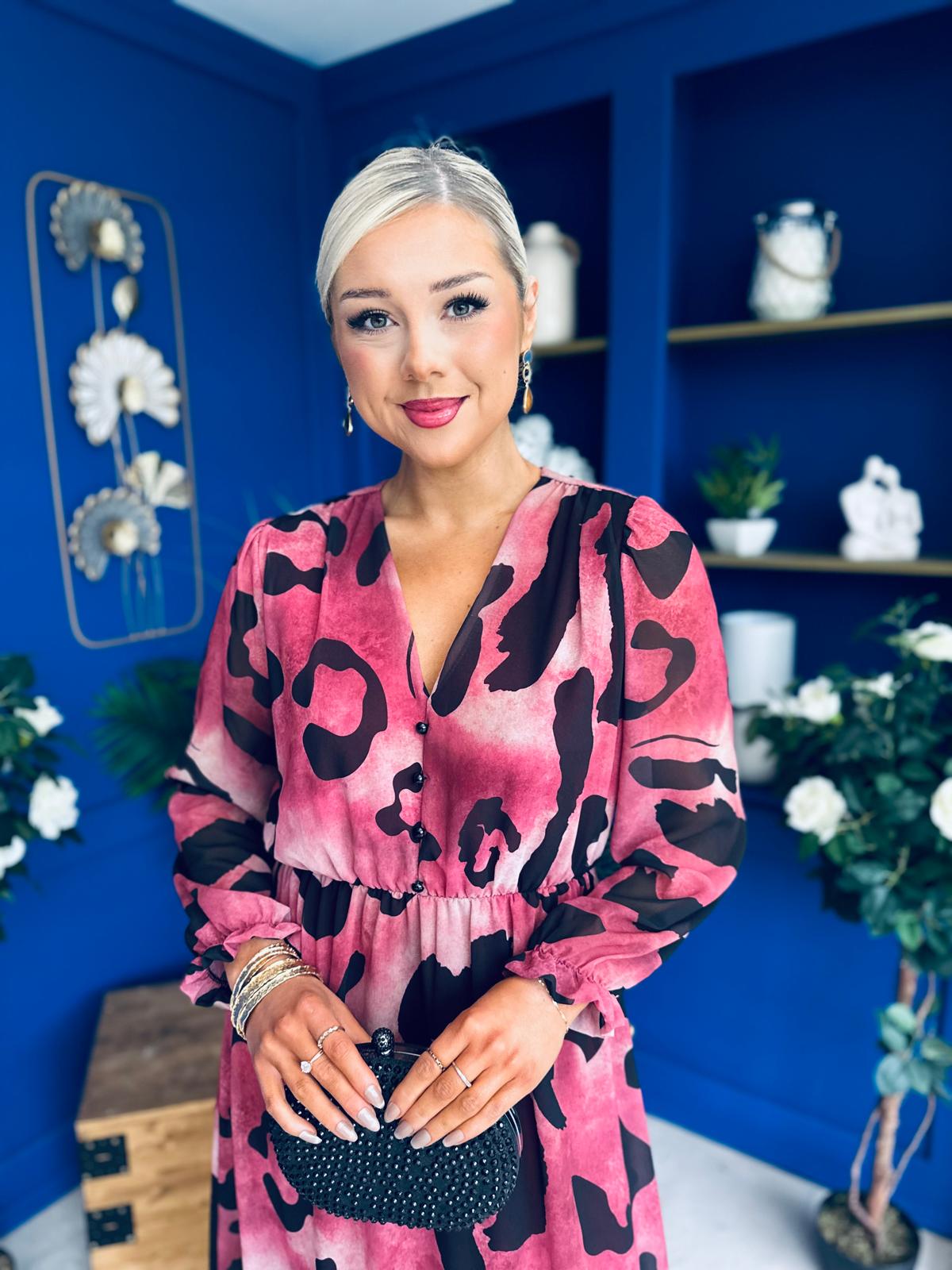 Zoe Banded Midi Dress Animal Ruby
