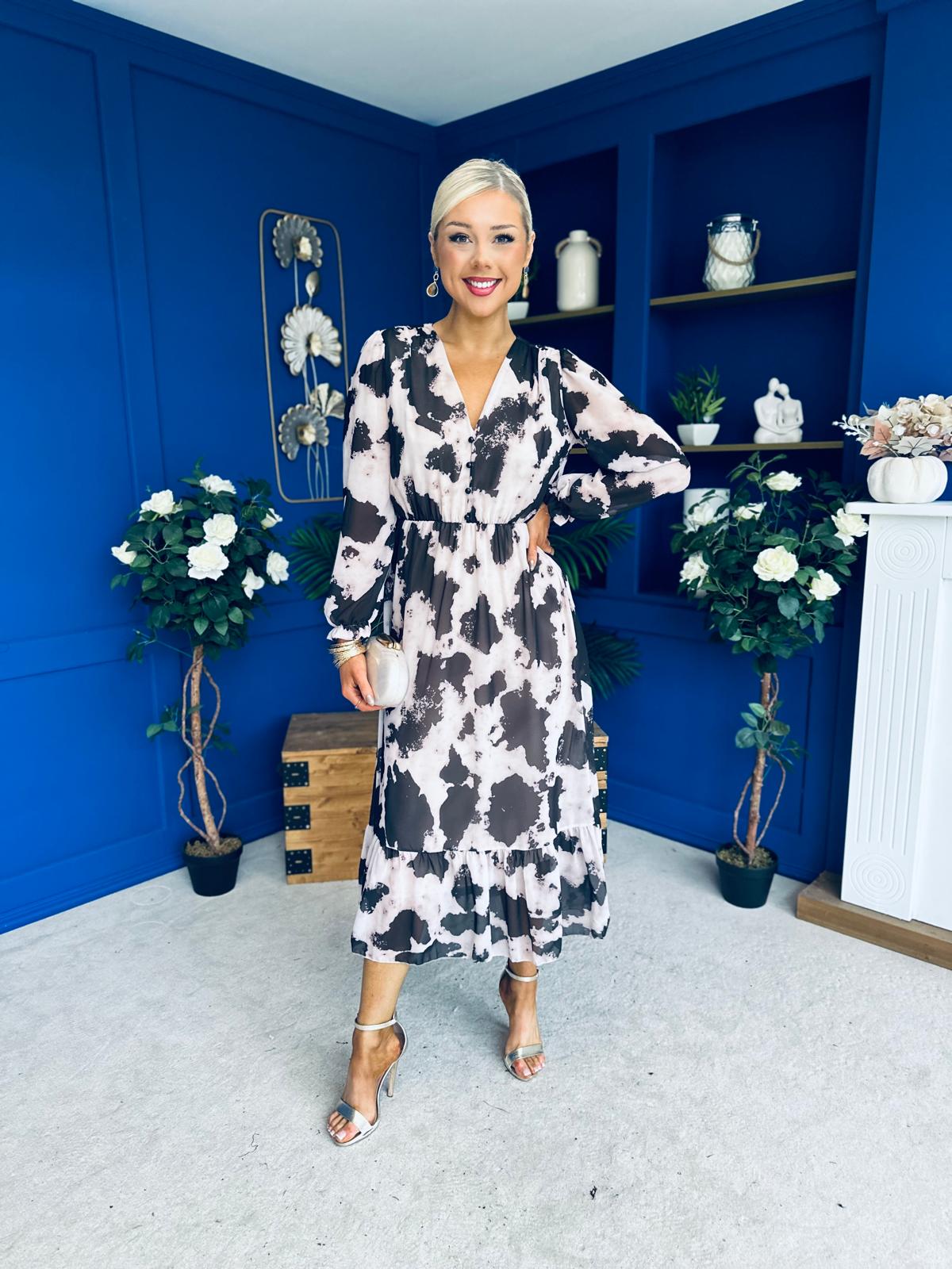 Zoe Banded Midi Dress Animal Taupe