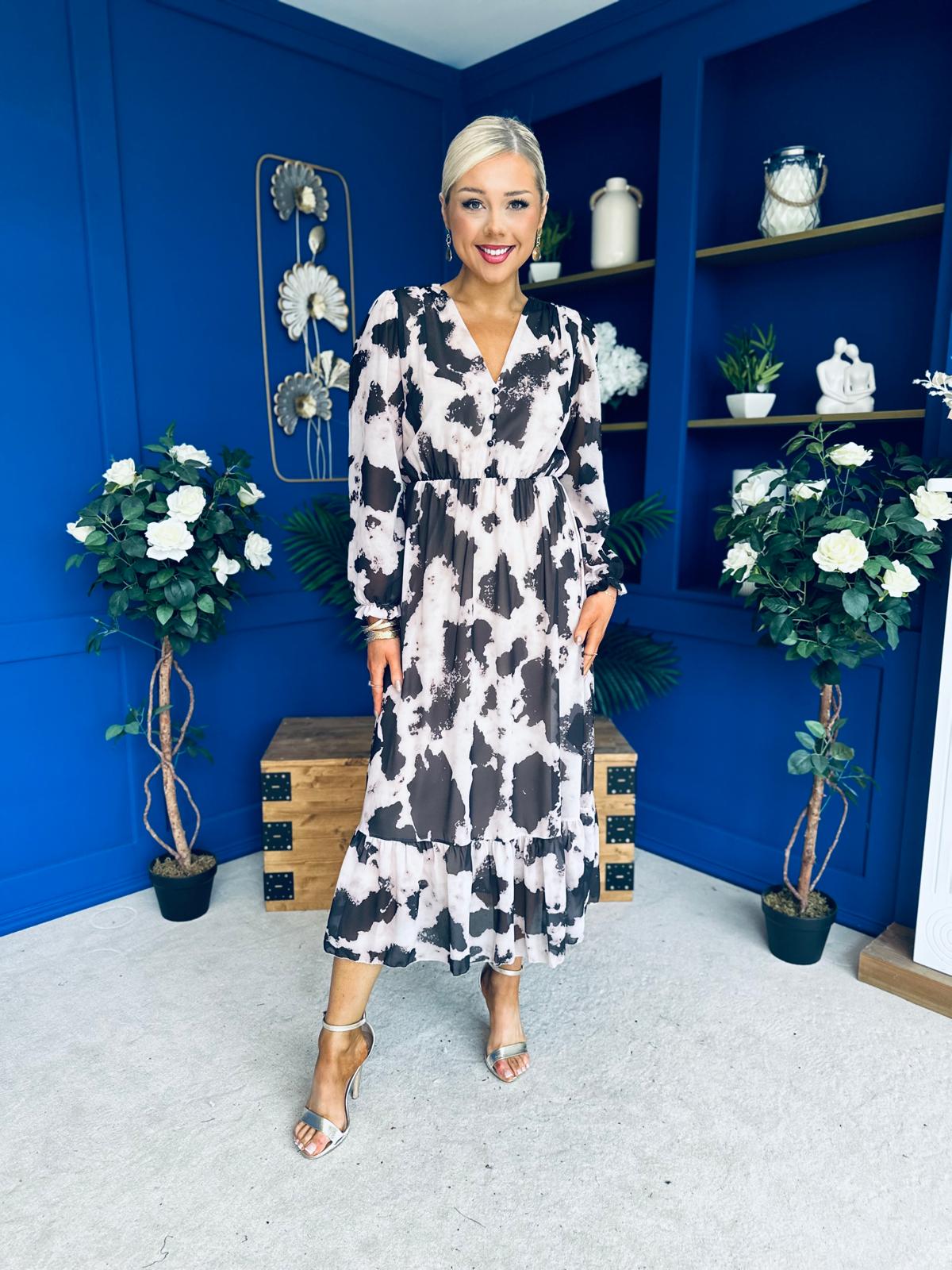 Zoe Banded Midi Dress Animal Taupe