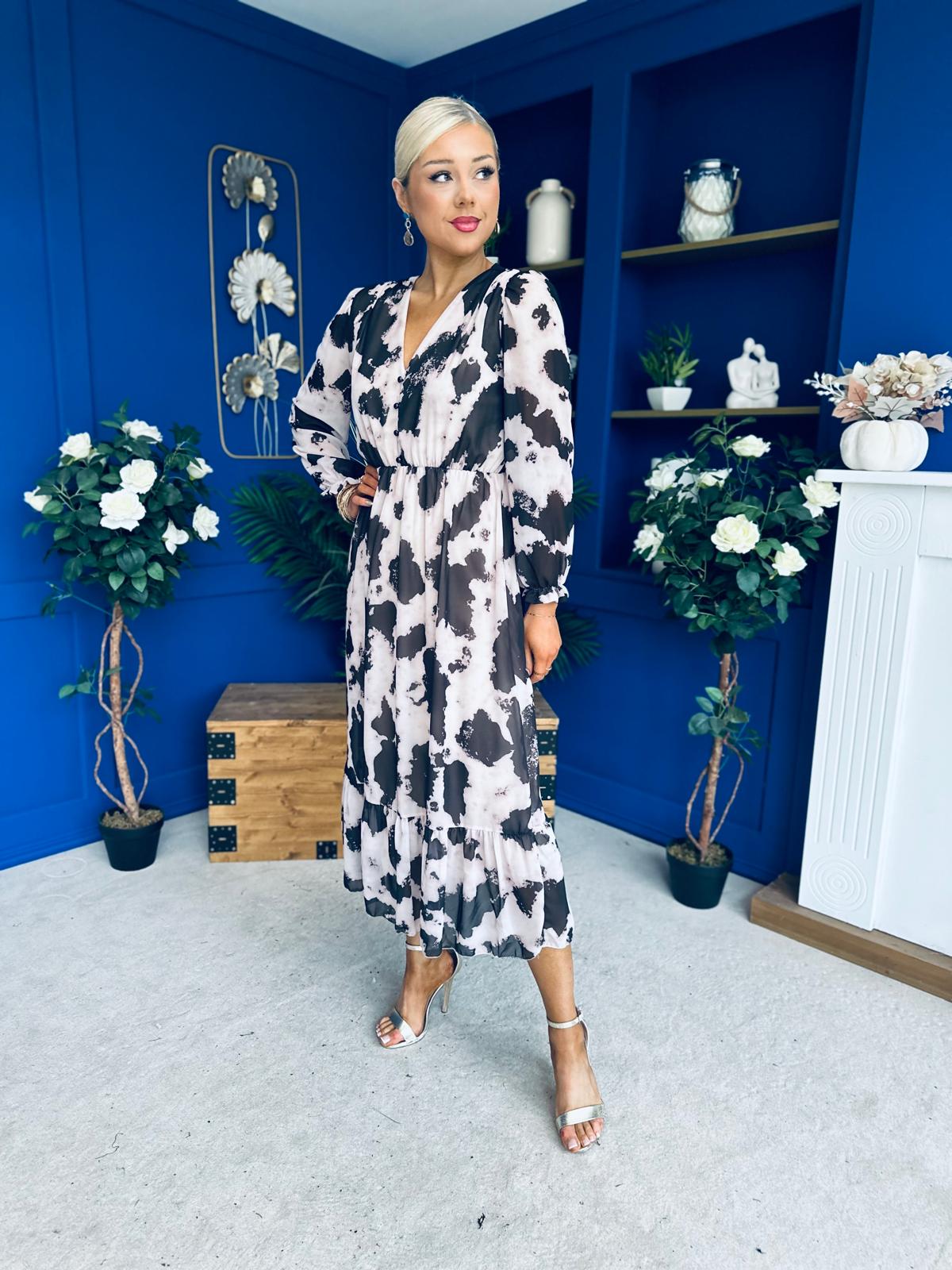 Zoe Banded Midi Dress Animal Taupe