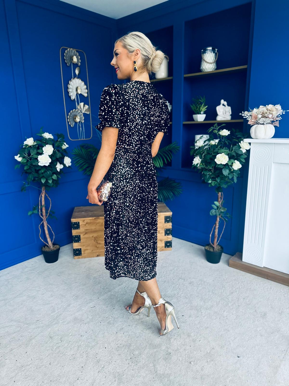 Phoebe Banded Sequin Midi Dress Black