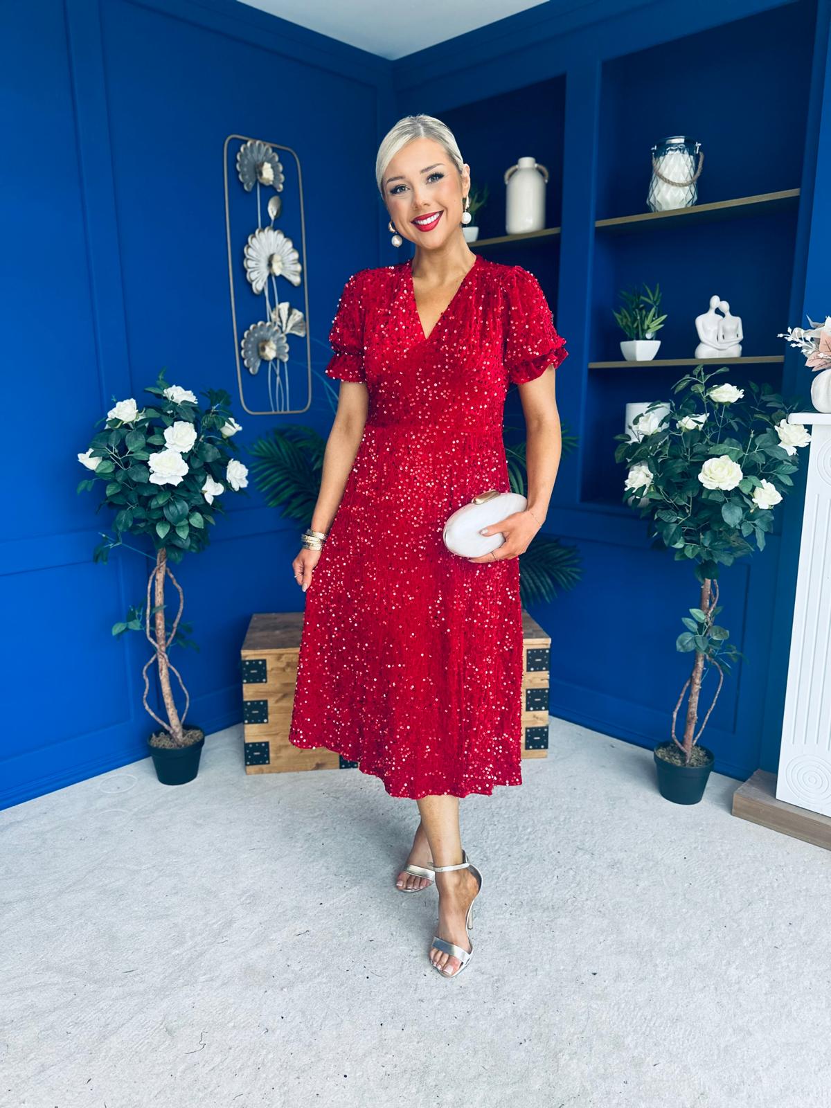 Phoebe Banded Sequin Midi Dress Red