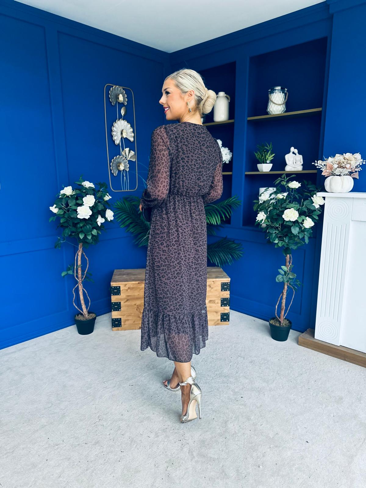 Zoe Banded Midi Dress Cheetah Chocolate