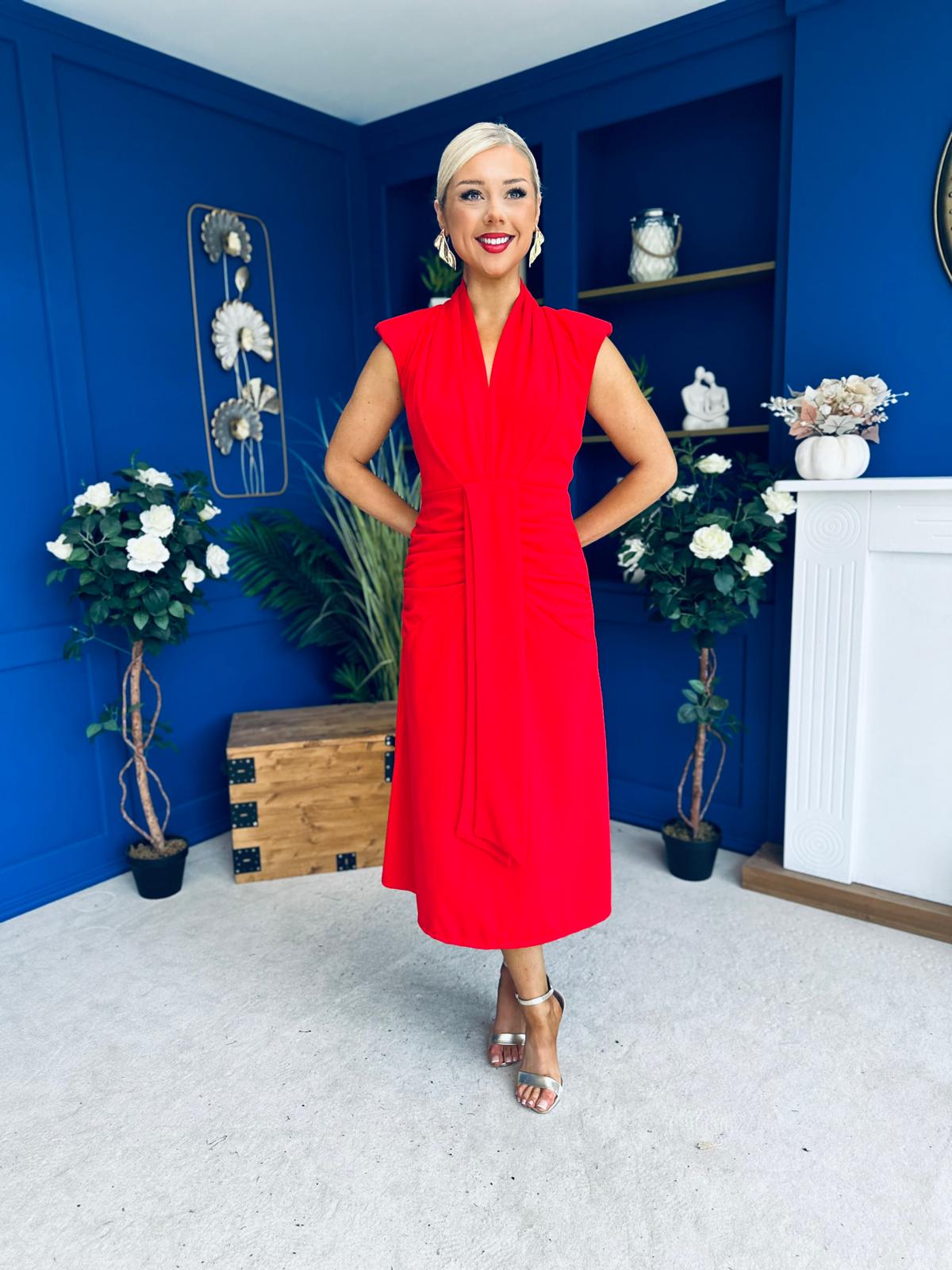 Quinn Drape Detail Midi Dress Red