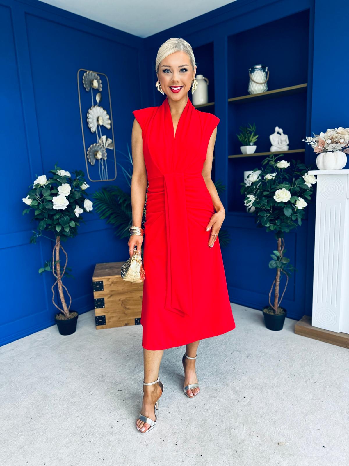 Quinn Drape Detail Midi Dress Red