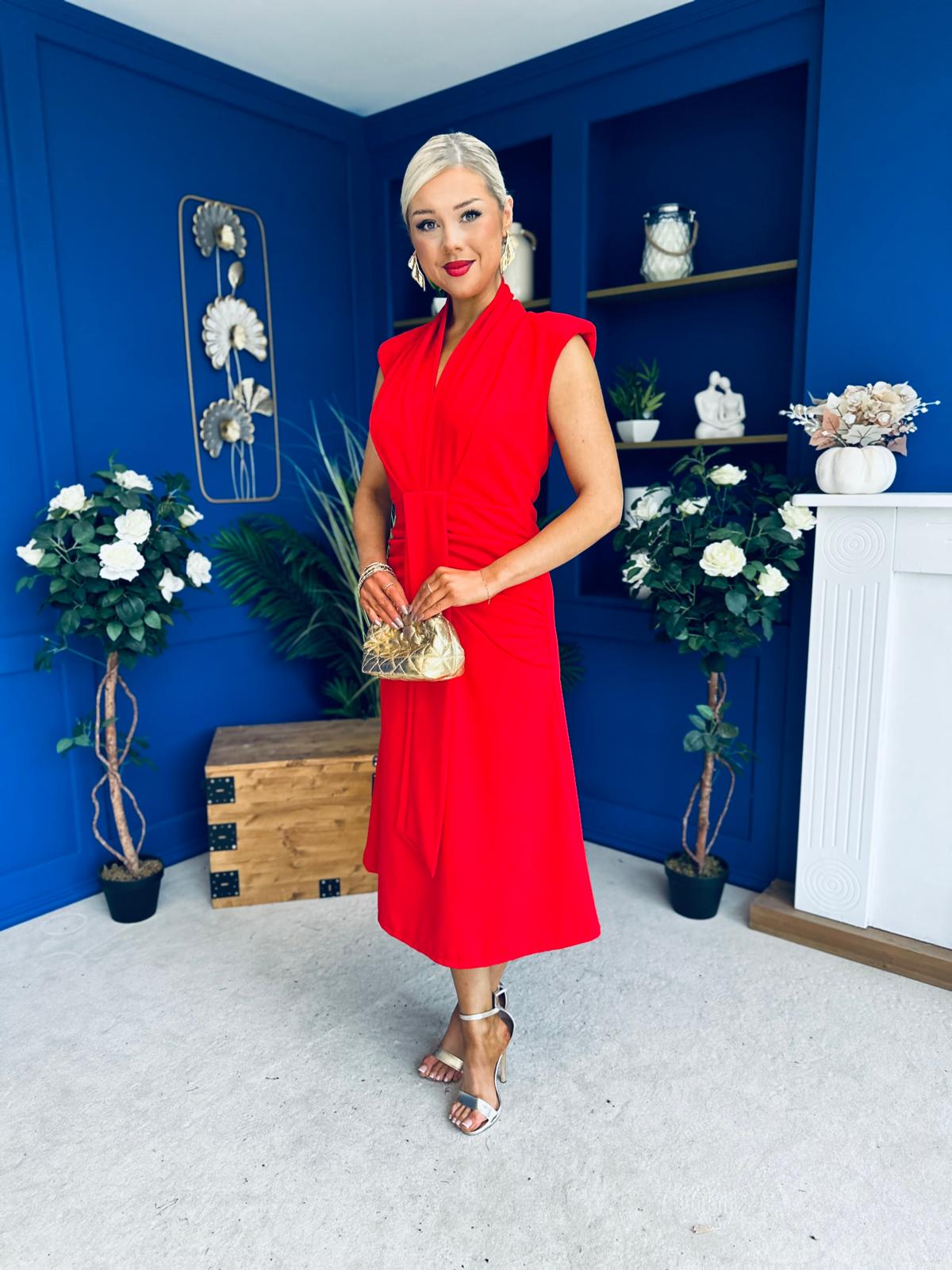 Quinn Drape Detail Midi Dress Red