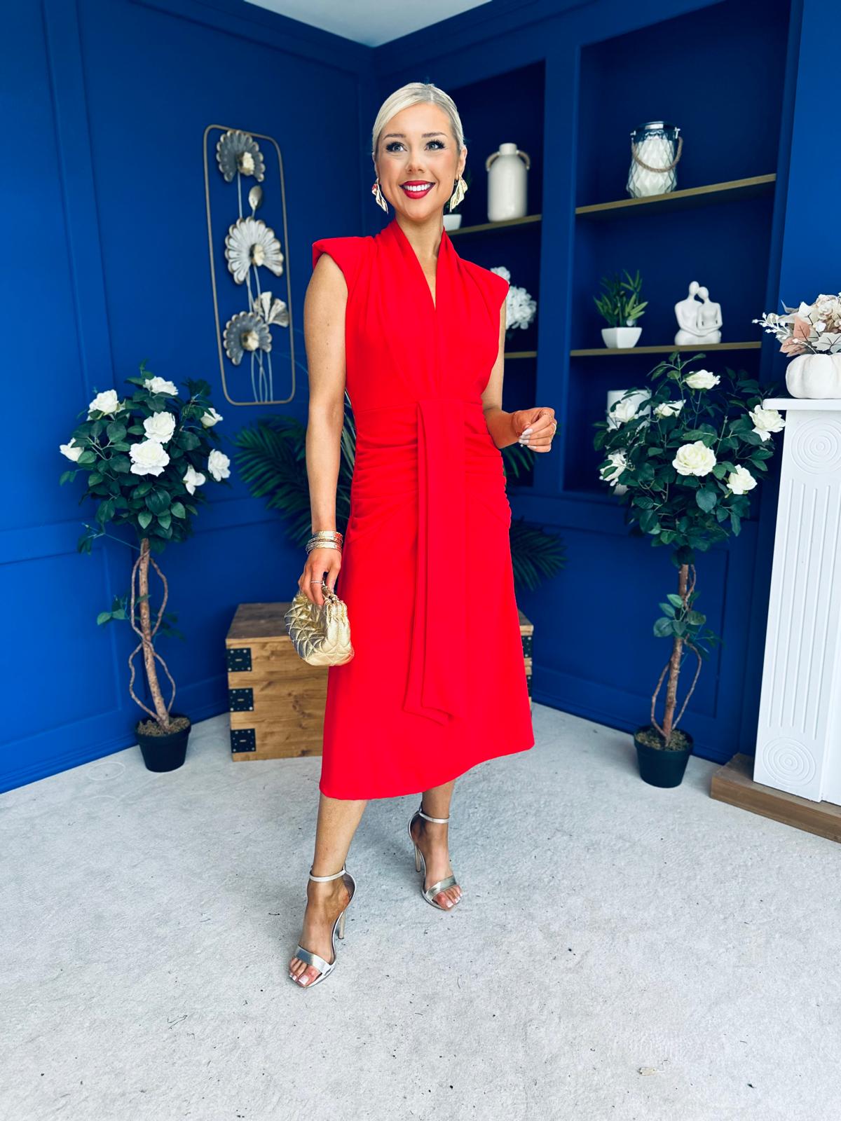 Quinn Drape Detail Midi Dress Red