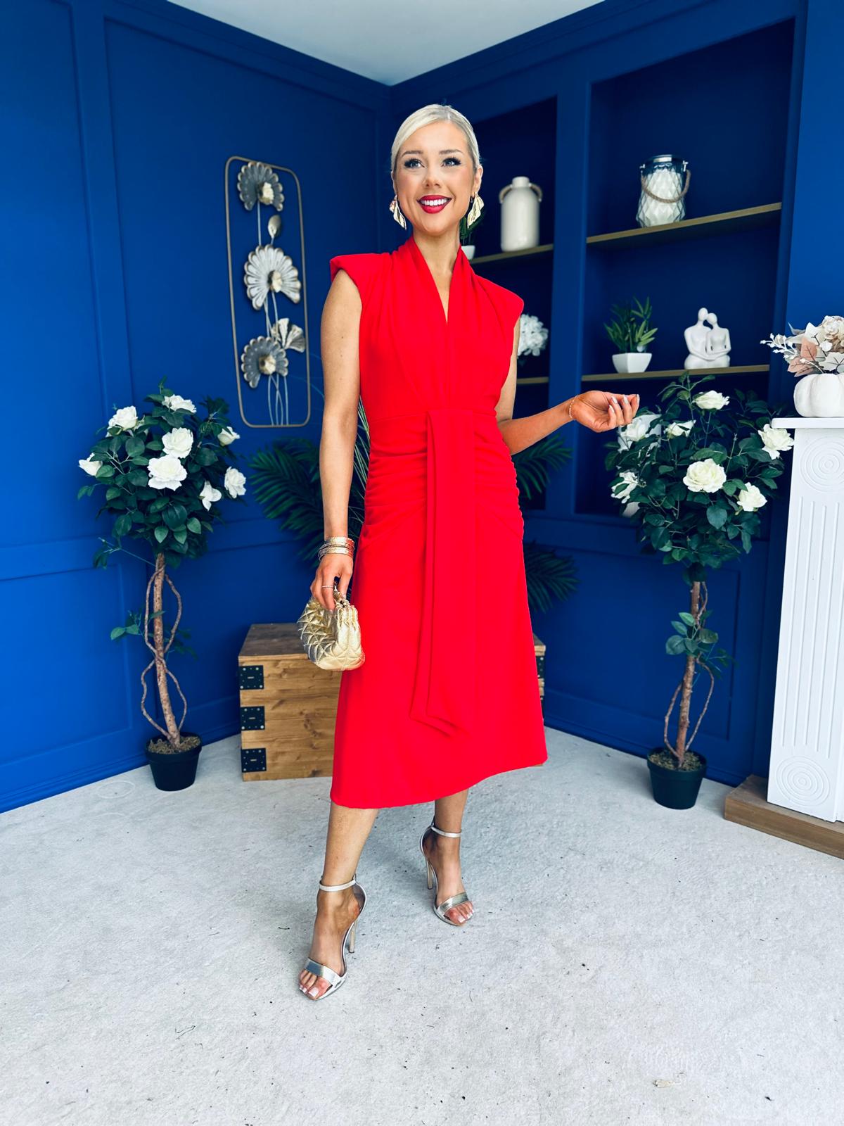 Quinn Drape Detail Midi Dress Red
