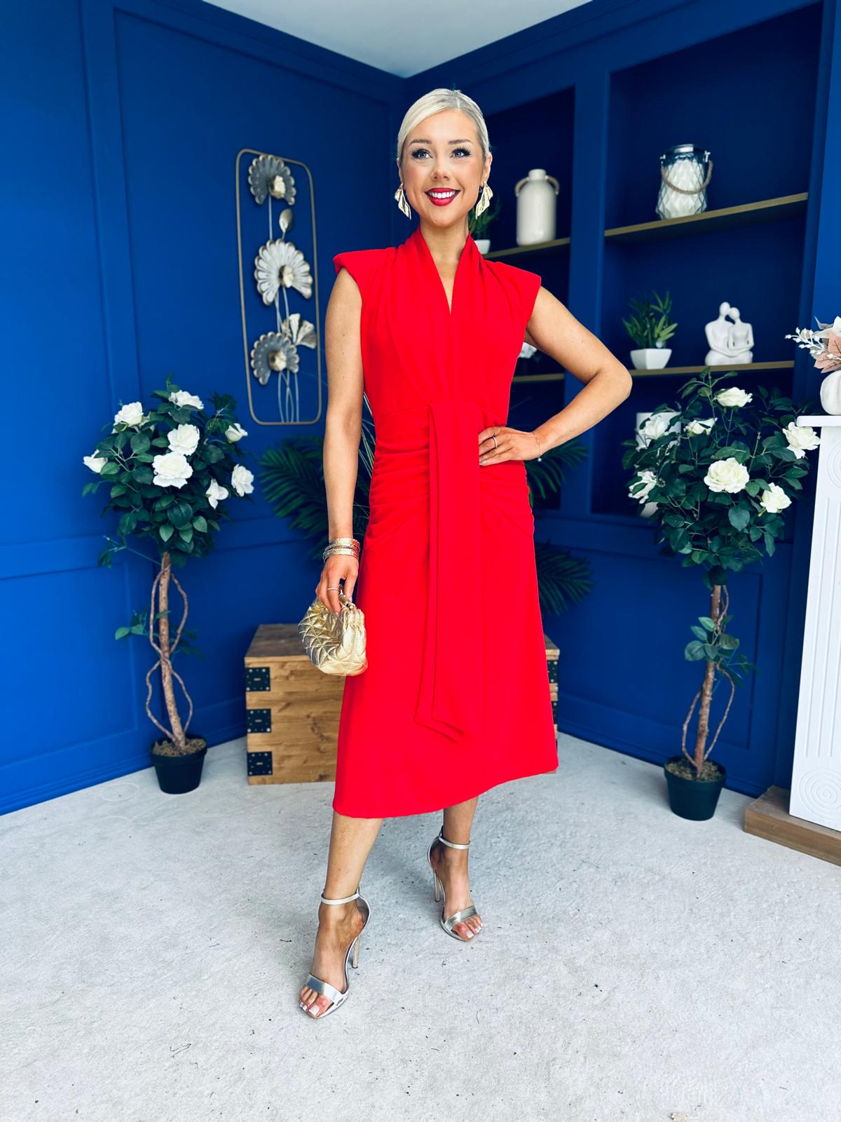 Quinn Drape Detail Midi Dress Red
