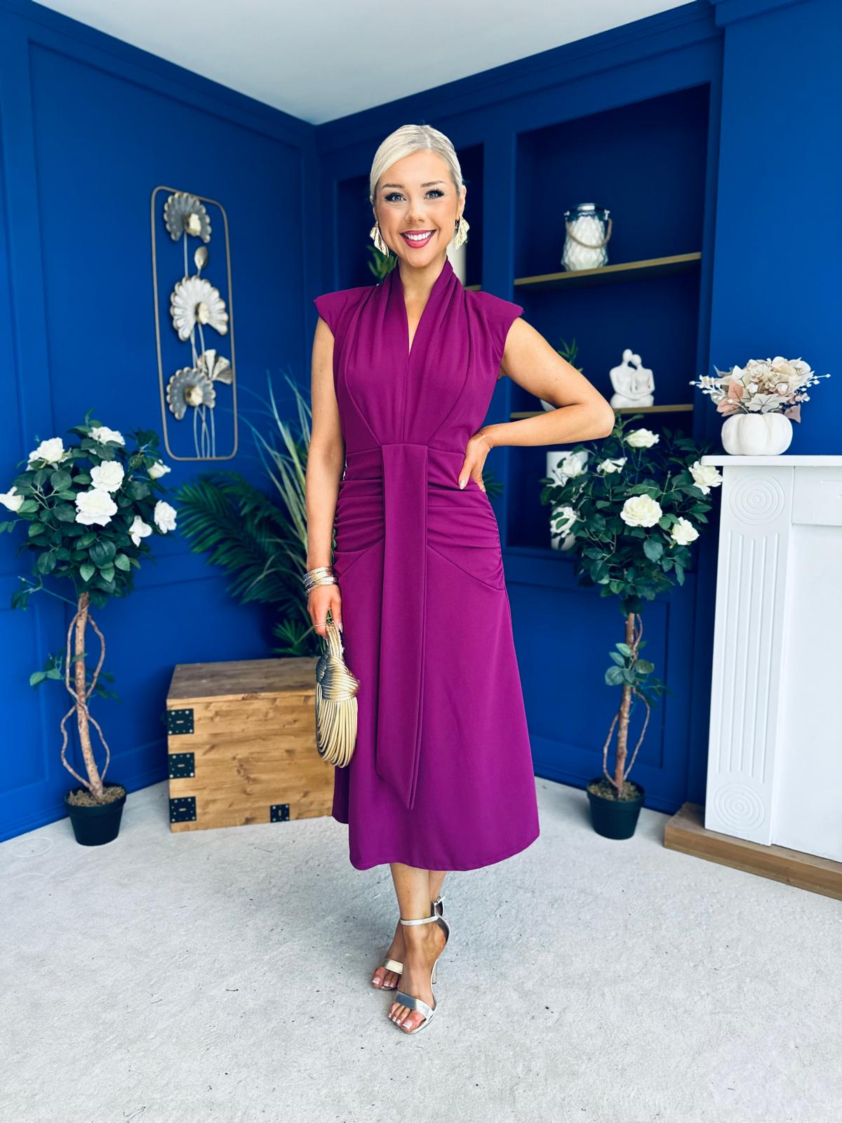 Quinn Drape Detail Midi Dress Berry