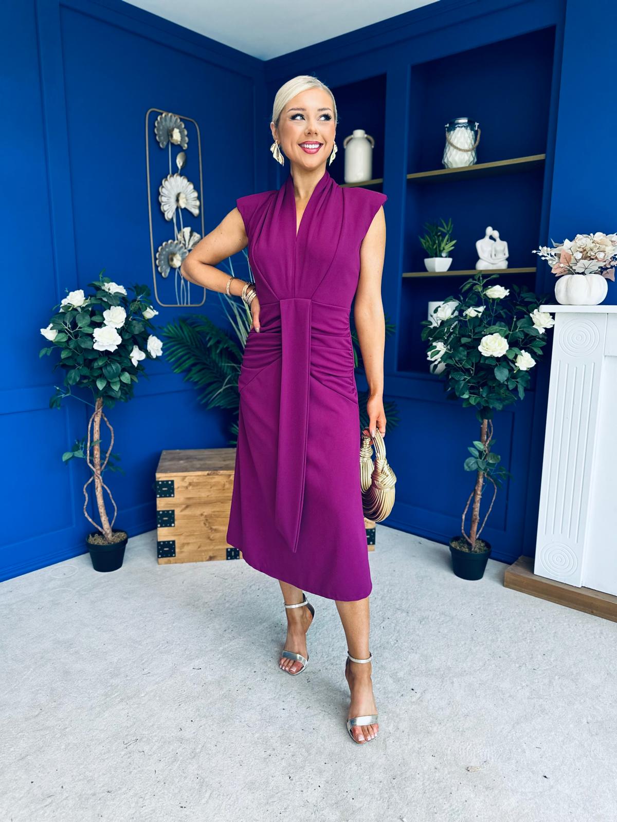 Quinn Drape Detail Midi Dress Berry