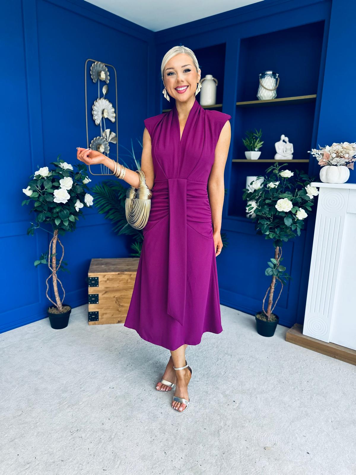 Quinn Drape Detail Midi Dress Berry