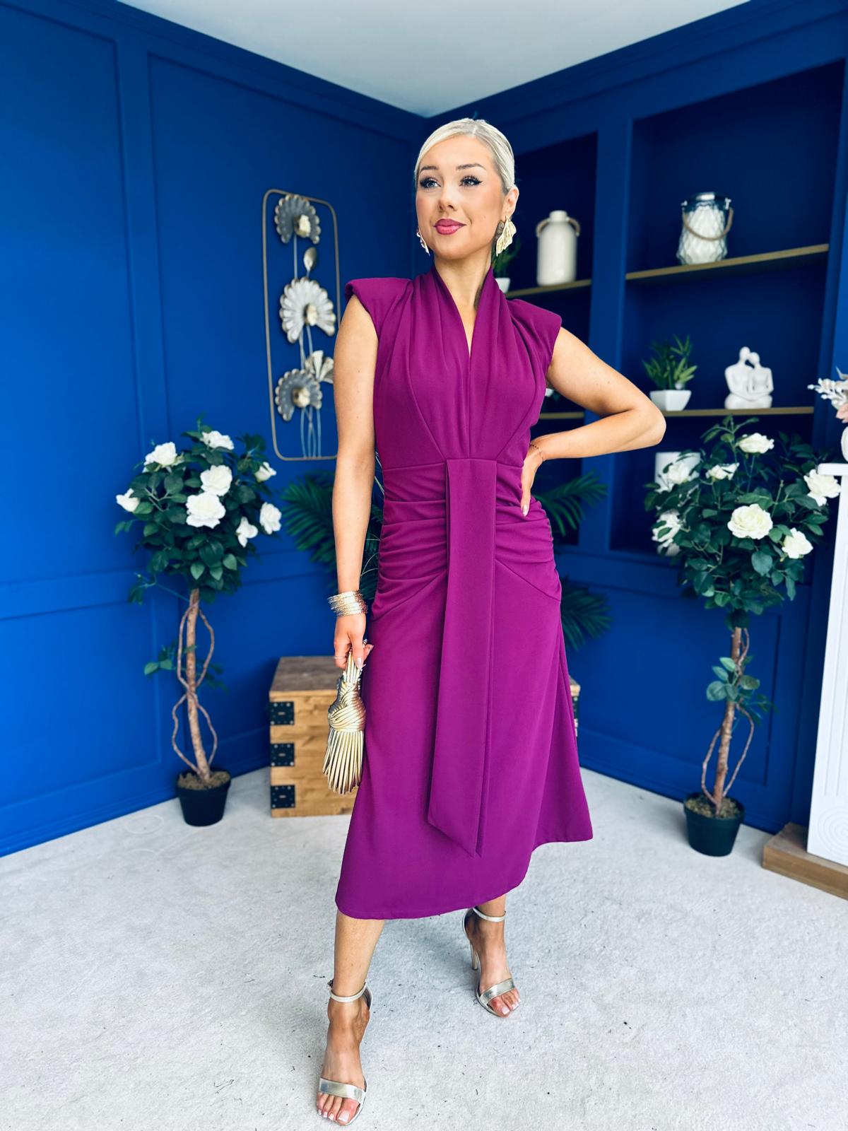 Quinn Drape Detail Midi Dress Berry