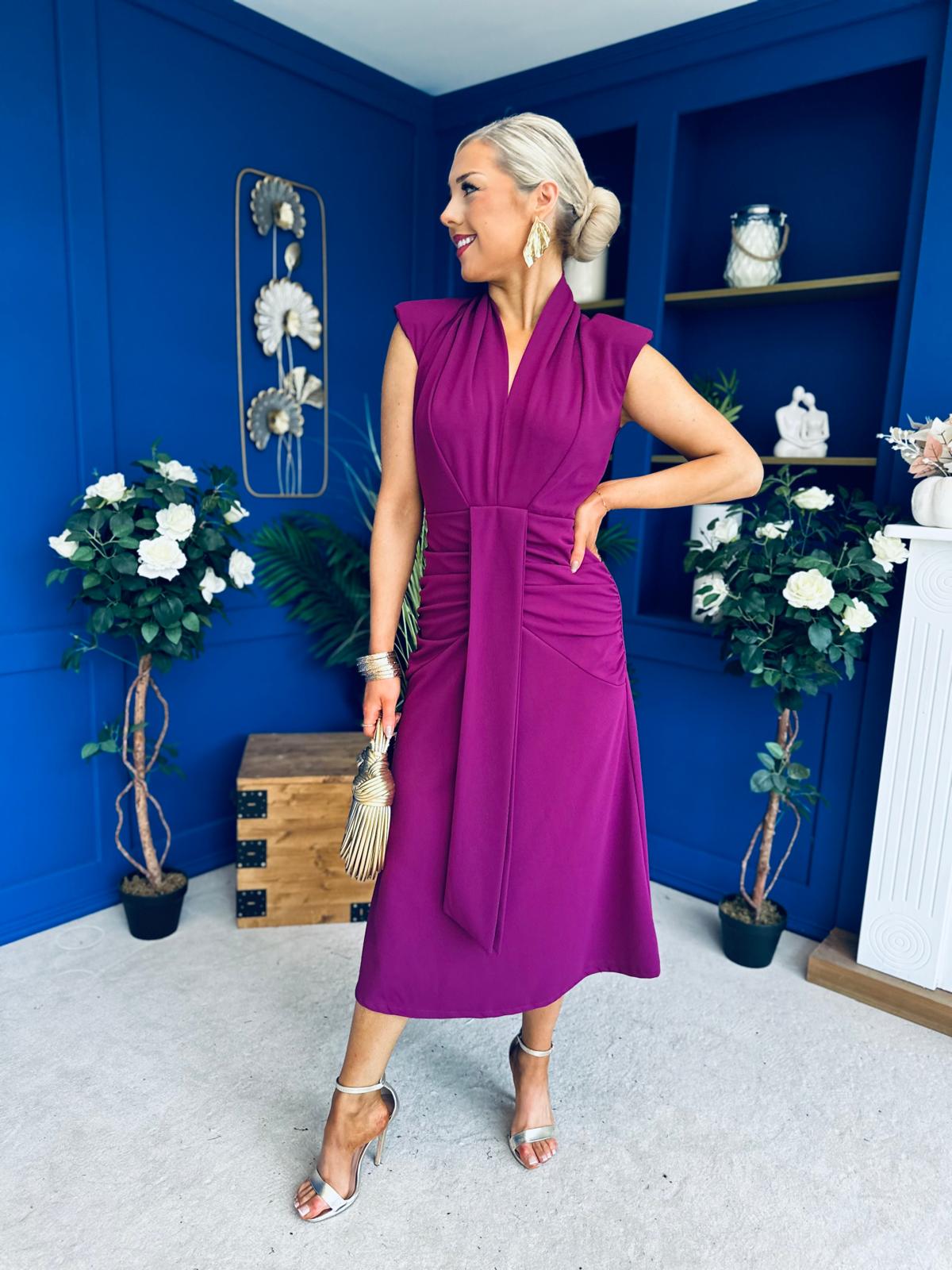 Quinn Drape Detail Midi Dress Berry