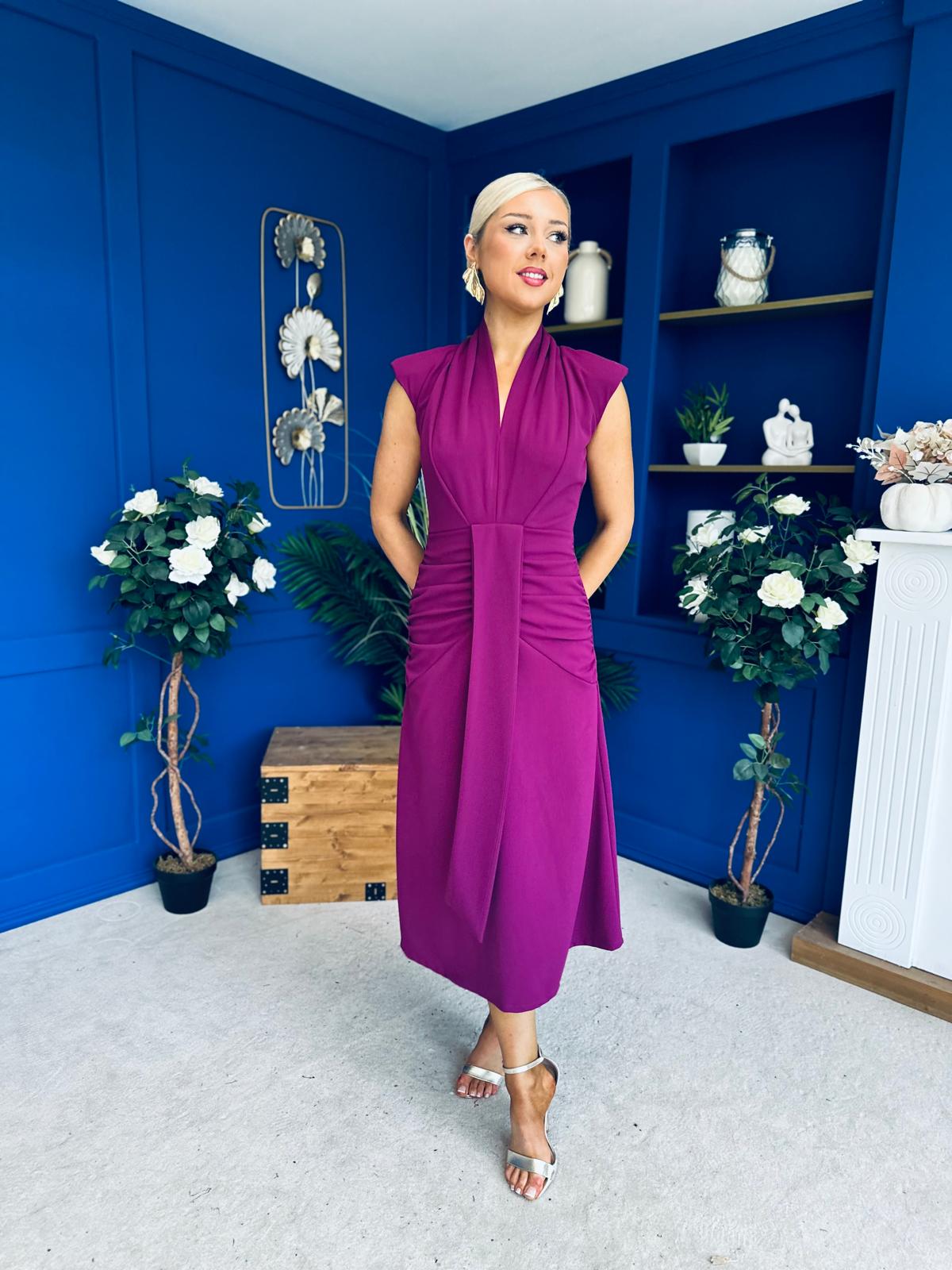 Quinn Drape Detail Midi Dress Berry