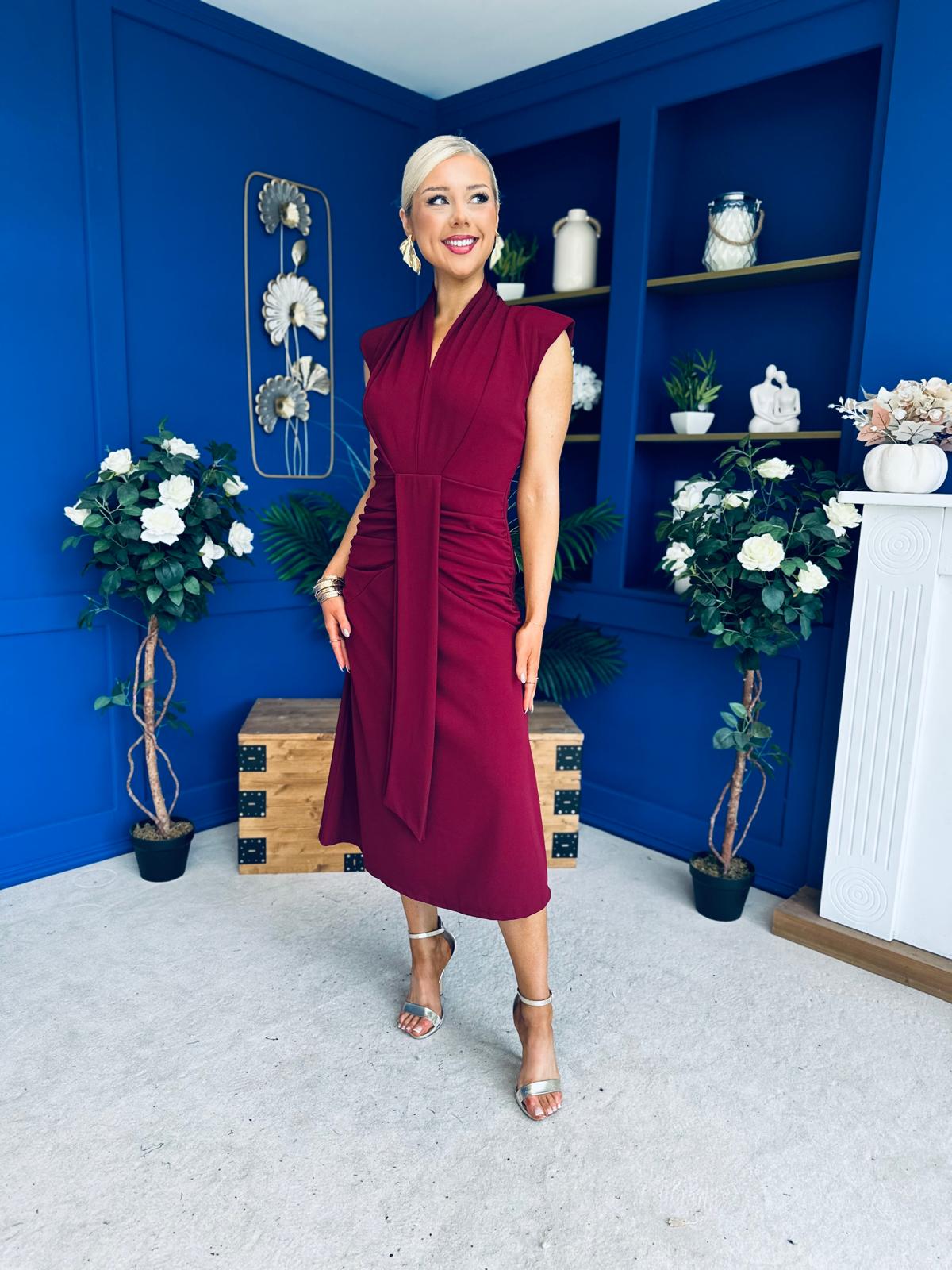 Quinn Drape Detail Midi Dress Wine