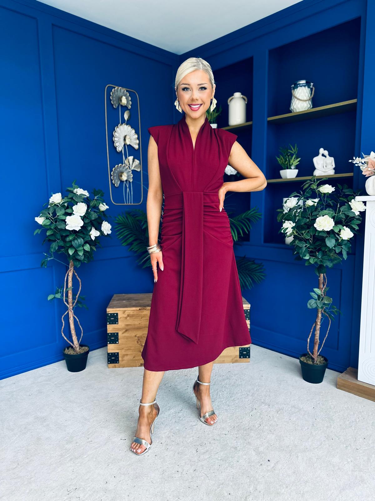 Quinn Drape Detail Midi Dress Wine