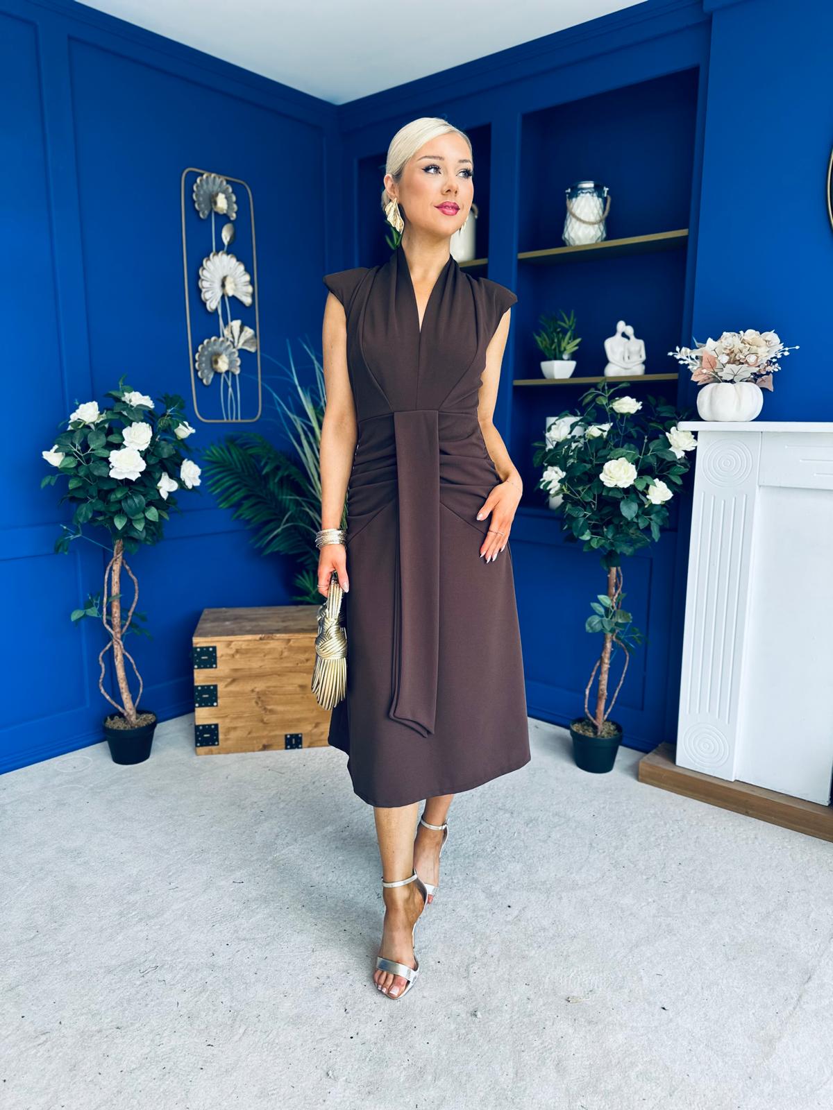 Quinn Drape Detail Midi Dress Chocolate