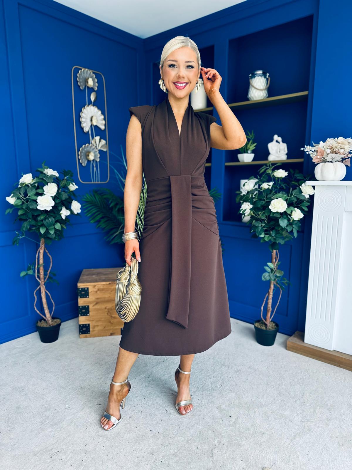 Quinn Drape Detail Midi Dress Chocolate