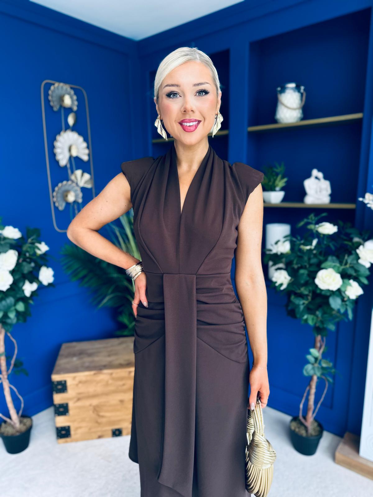Quinn Drape Detail Midi Dress Chocolate