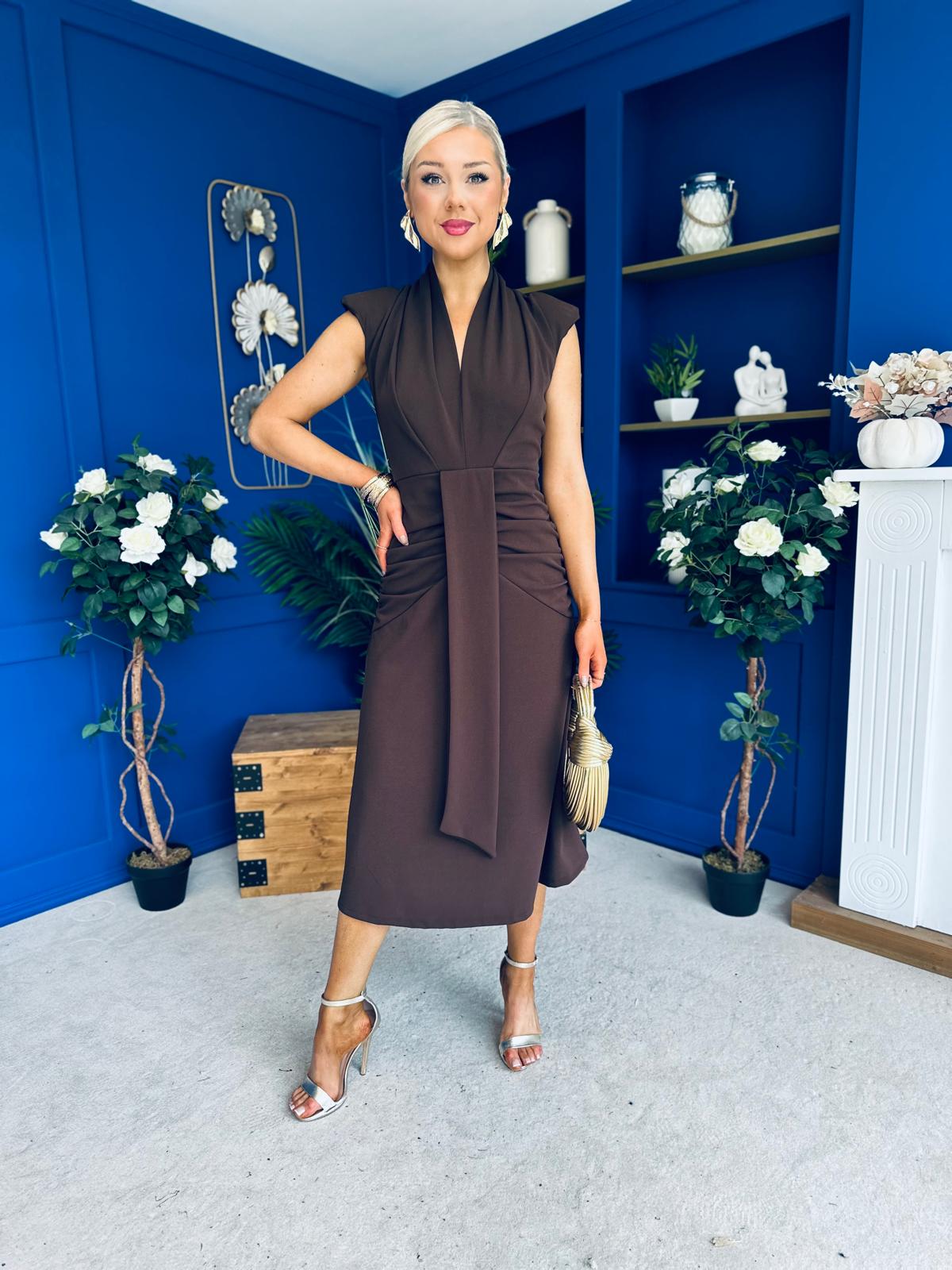 Quinn Drape Detail Midi Dress Chocolate