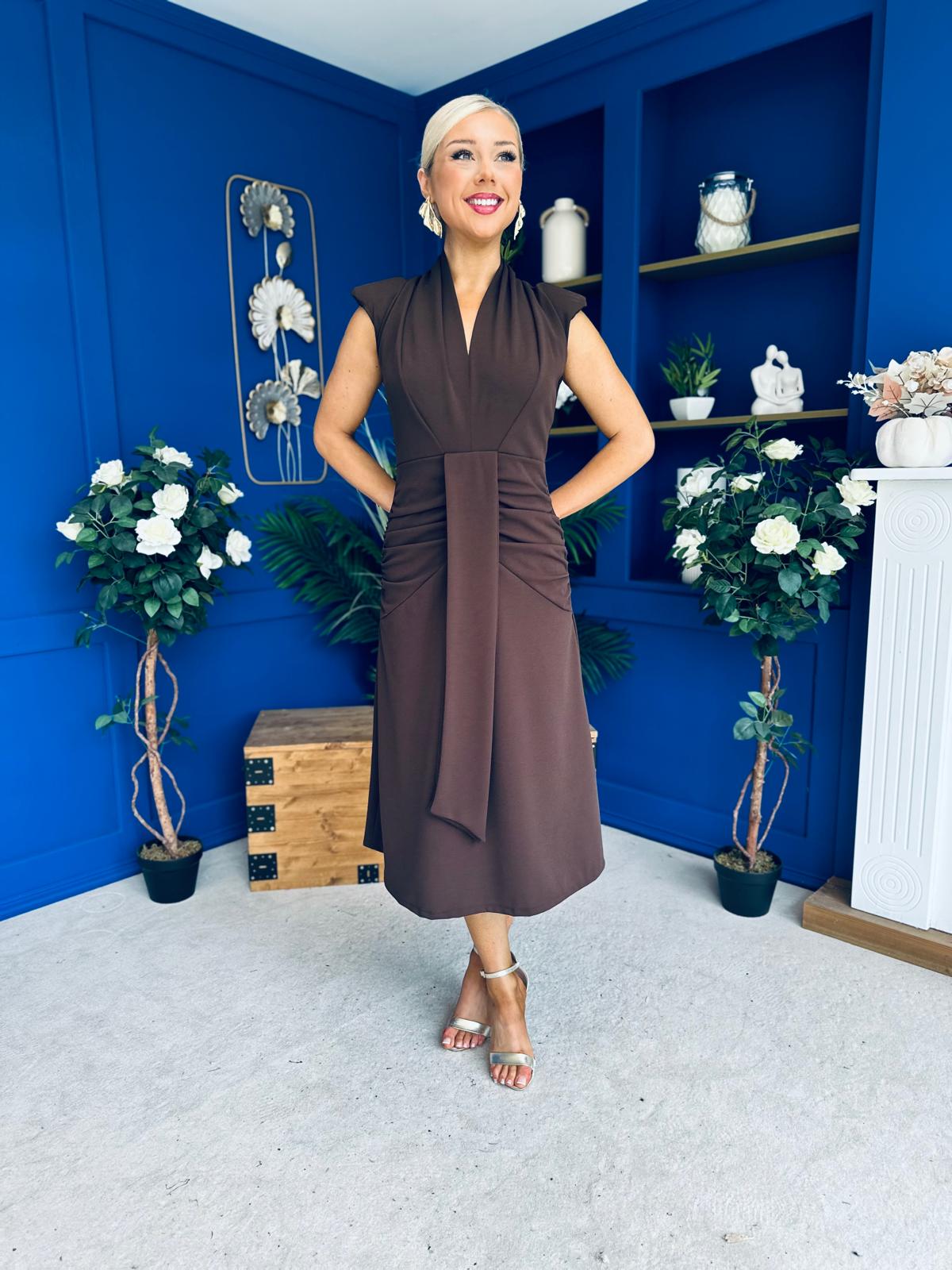 Quinn Drape Detail Midi Dress Chocolate