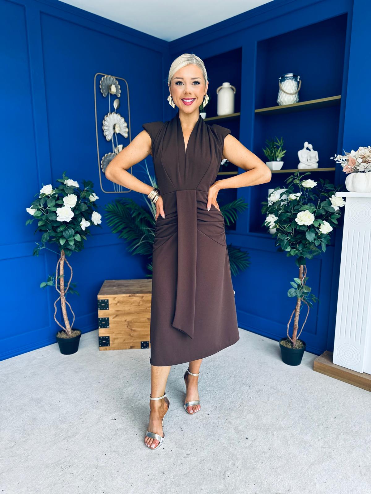 Quinn Drape Detail Midi Dress Chocolate