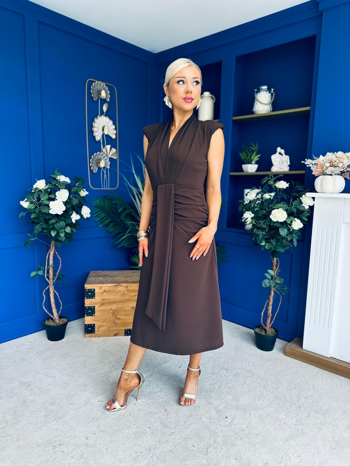 Quinn Drape Detail Midi Dress Chocolate