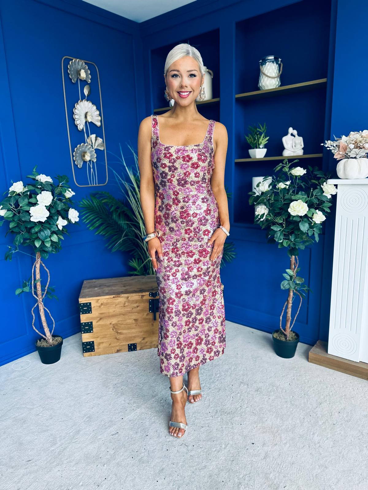 Lisbon Square Neck Sequin Midi Dress Gold & Pink