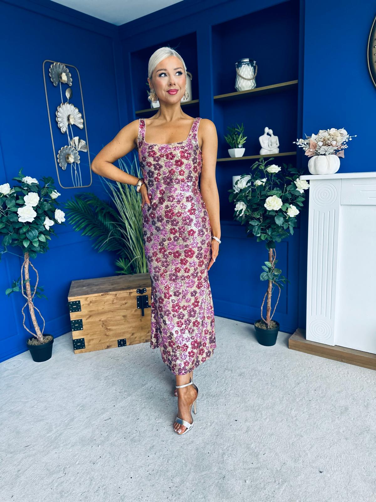 Lisbon Square Neck Sequin Midi Dress Gold & Pink