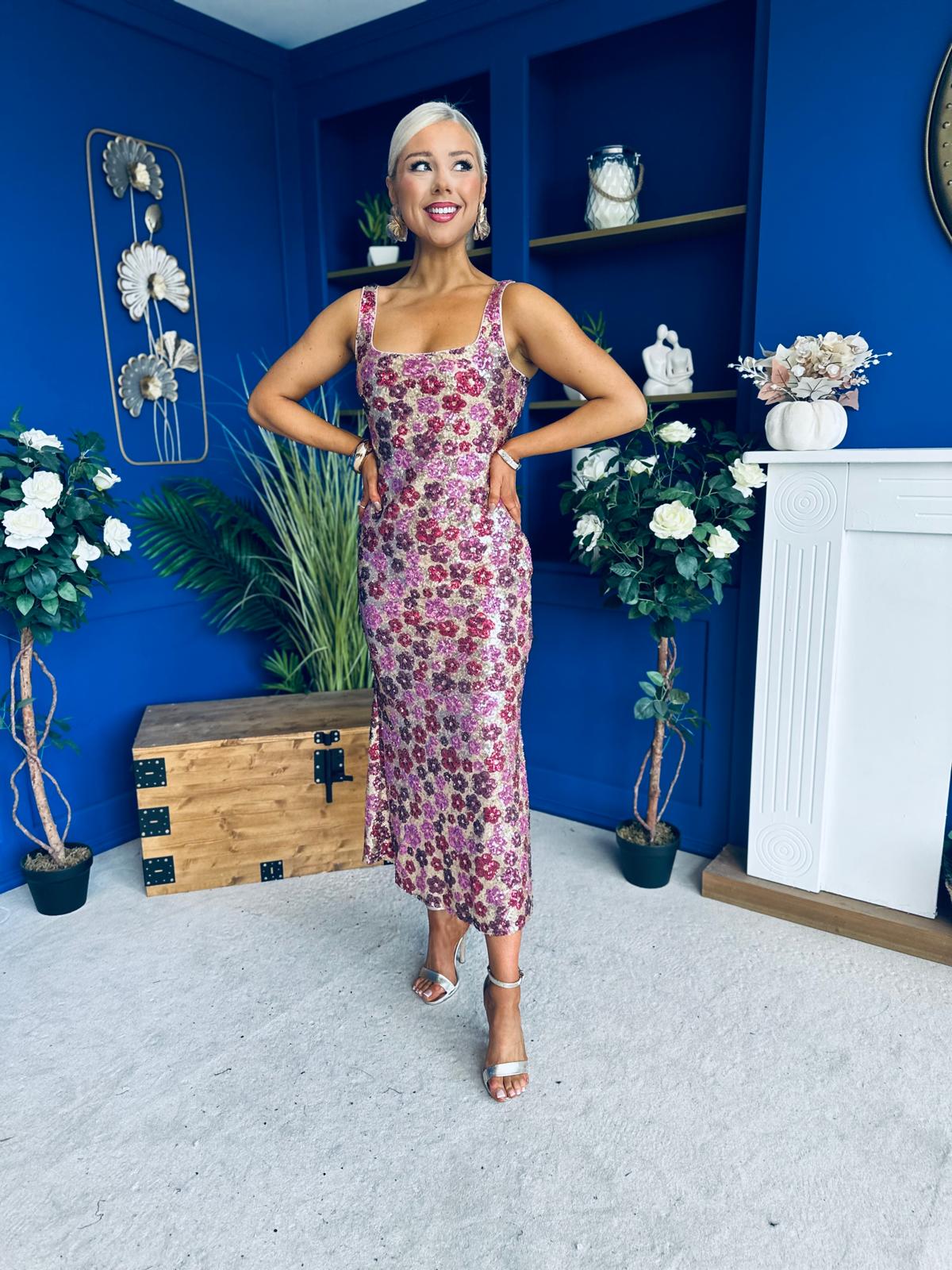 Lisbon Square Neck Sequin Midi Dress Gold & Pink