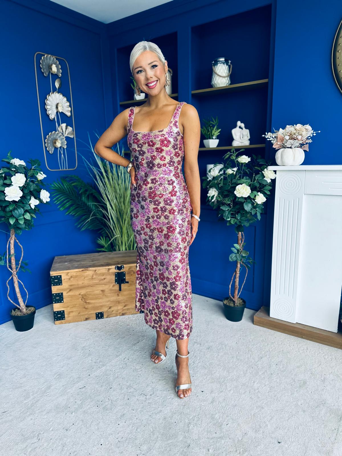 Lisbon Square Neck Sequin Midi Dress Gold & Pink