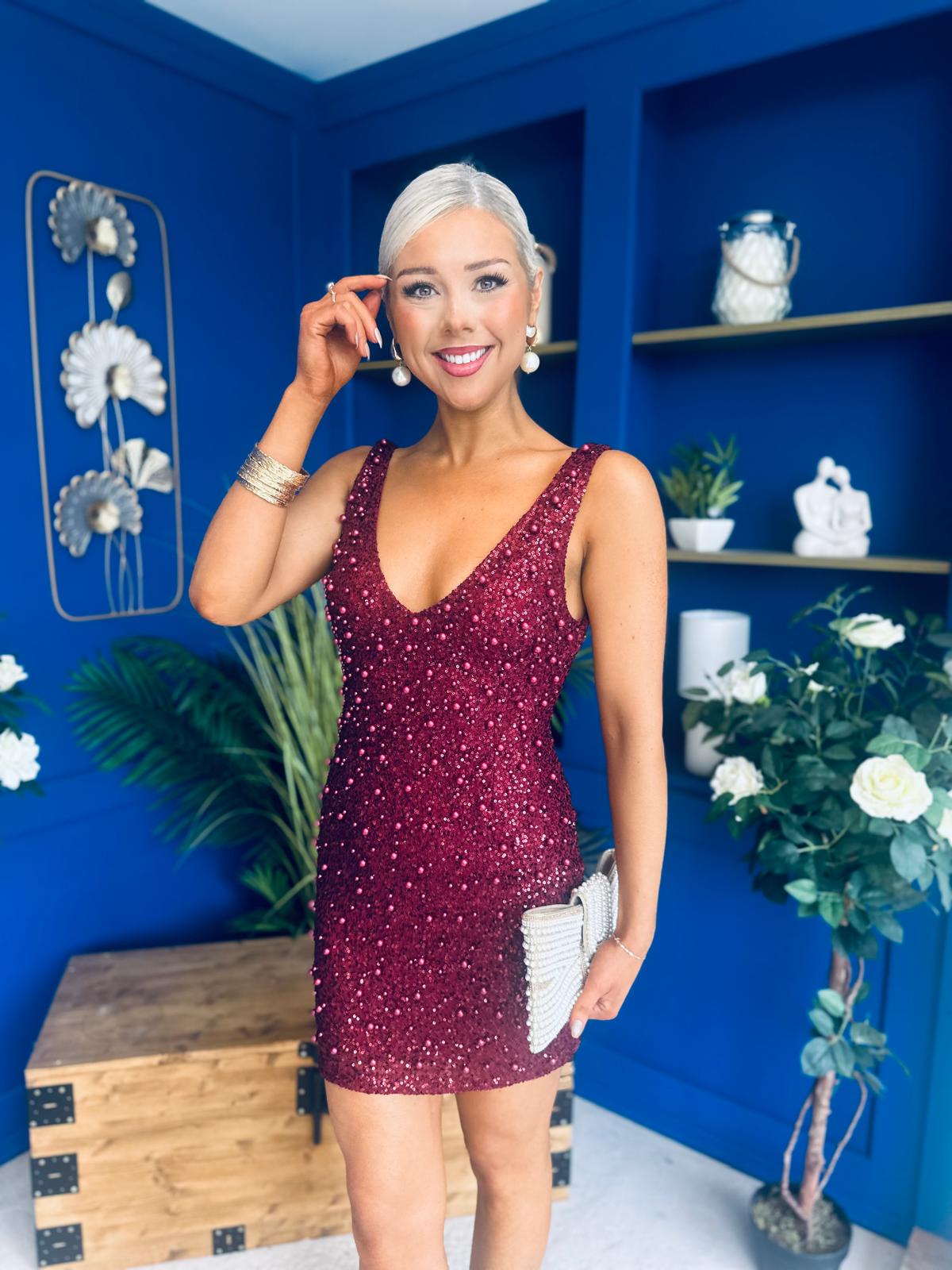 Barbara Sequin Mini Dress Wine