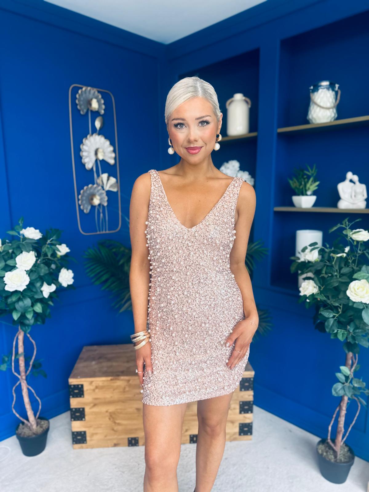 Barbara Sequin Mini Dress Beige