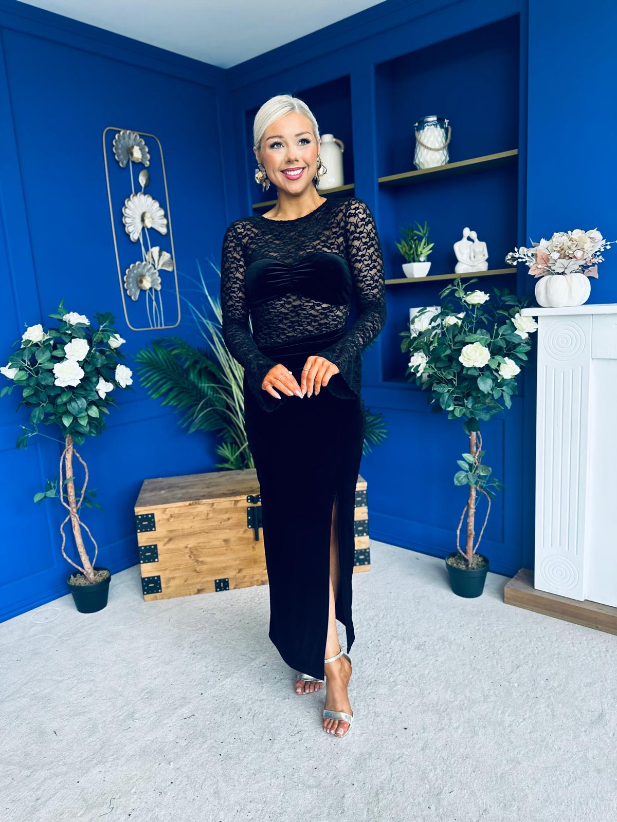Ariel Velvet & Lace Maxi Dress Black