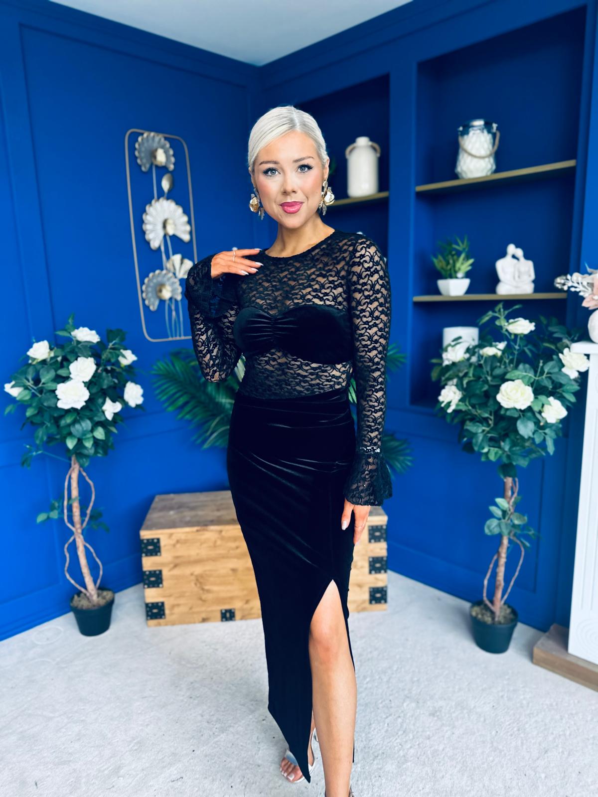 Ariel Velvet & Lace Maxi Dress Black
