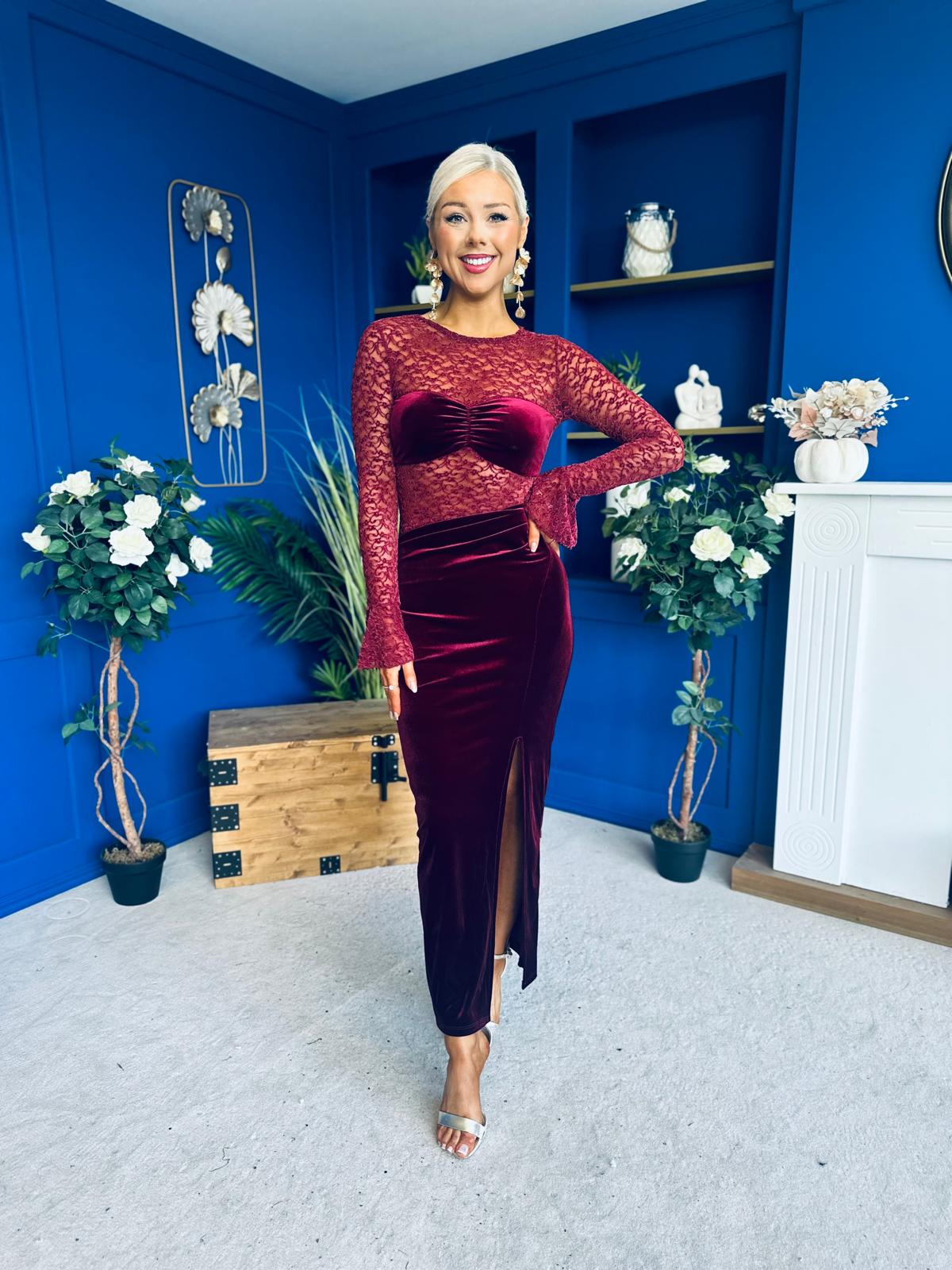 Ariel Velvet & Lace Maxi Dress Wine