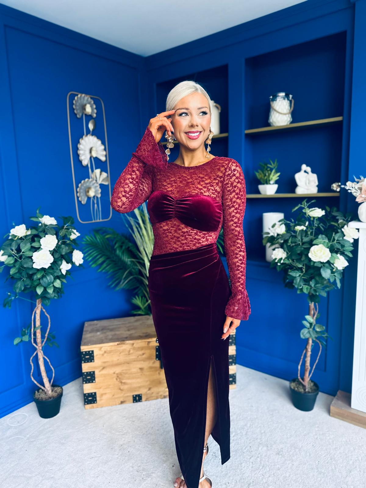 Ariel Velvet & Lace Maxi Dress Wine