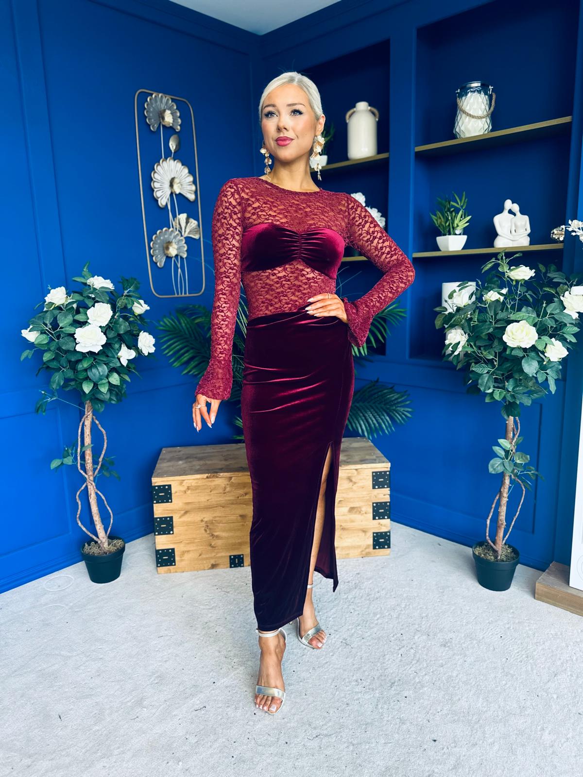 Ariel Velvet & Lace Maxi Dress Wine
