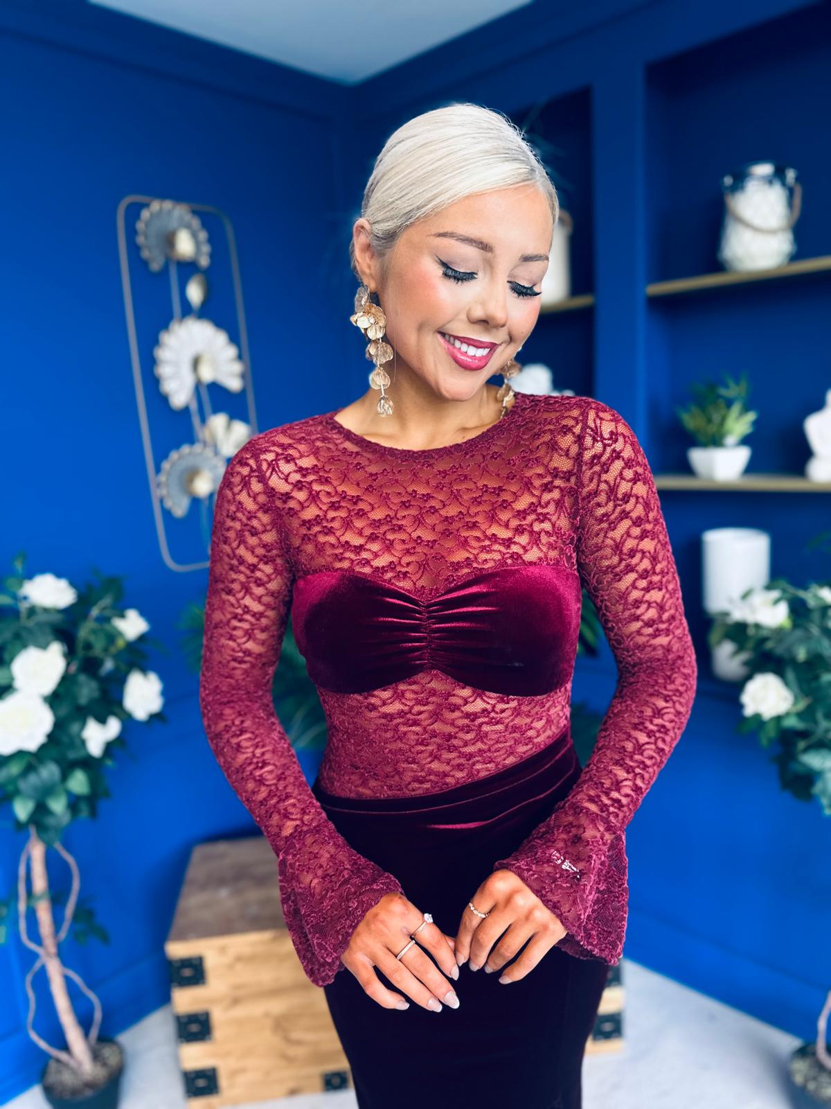 Ariel Velvet & Lace Maxi Dress Wine