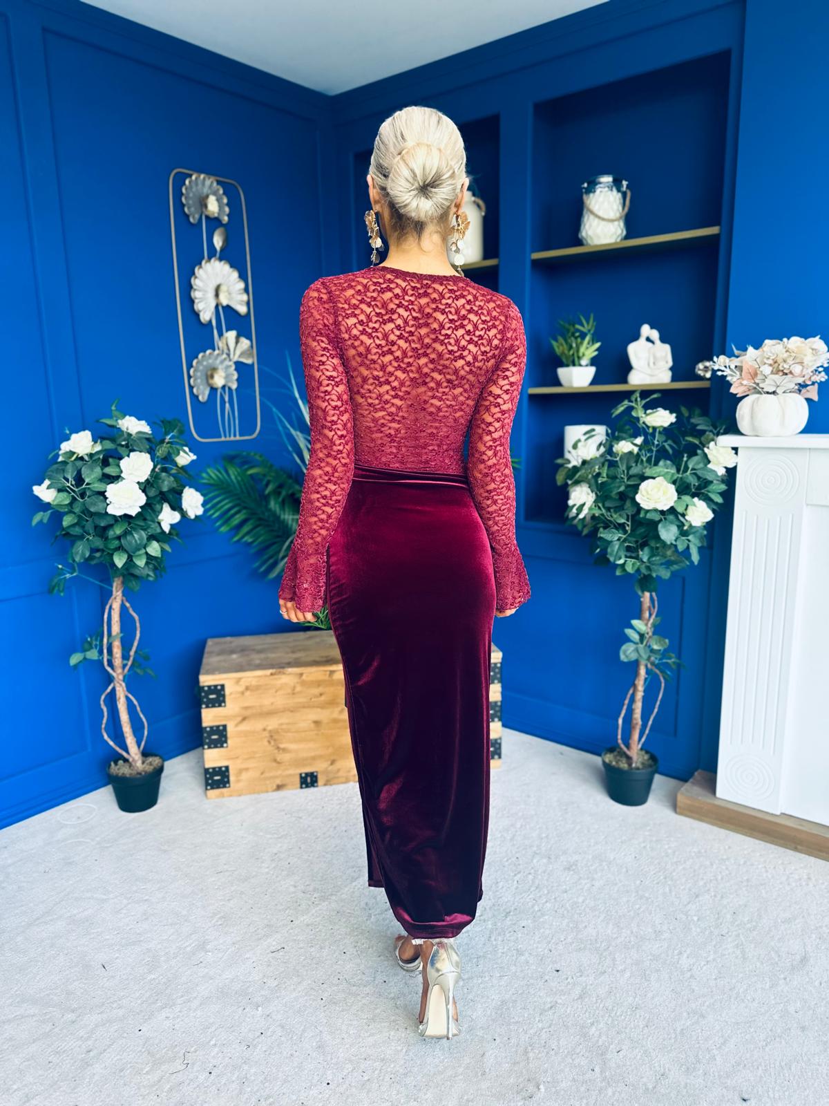 Ariel Velvet & Lace Maxi Dress Wine