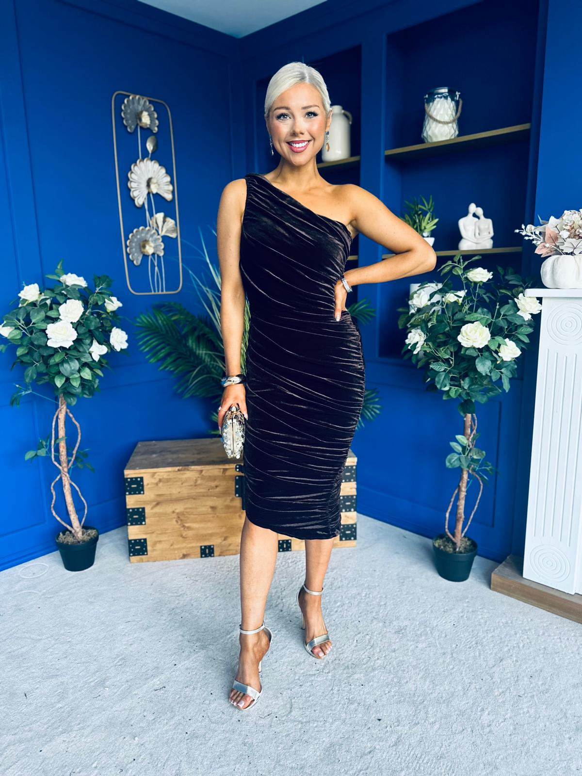 Henley Velvet One Shoulder Midi Dress Chocolate