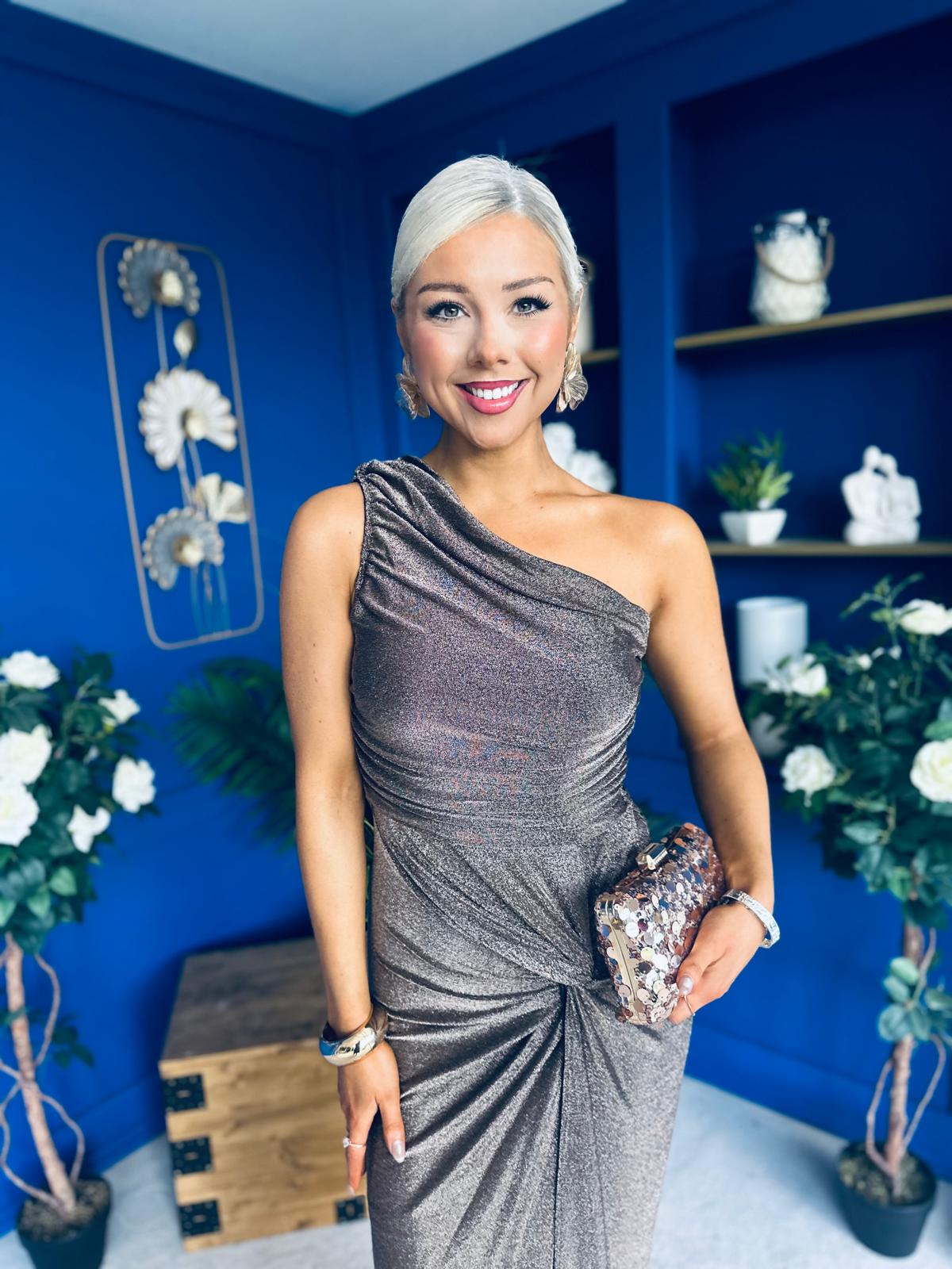 Emelda Shimmer One Shoulder Midi Dress