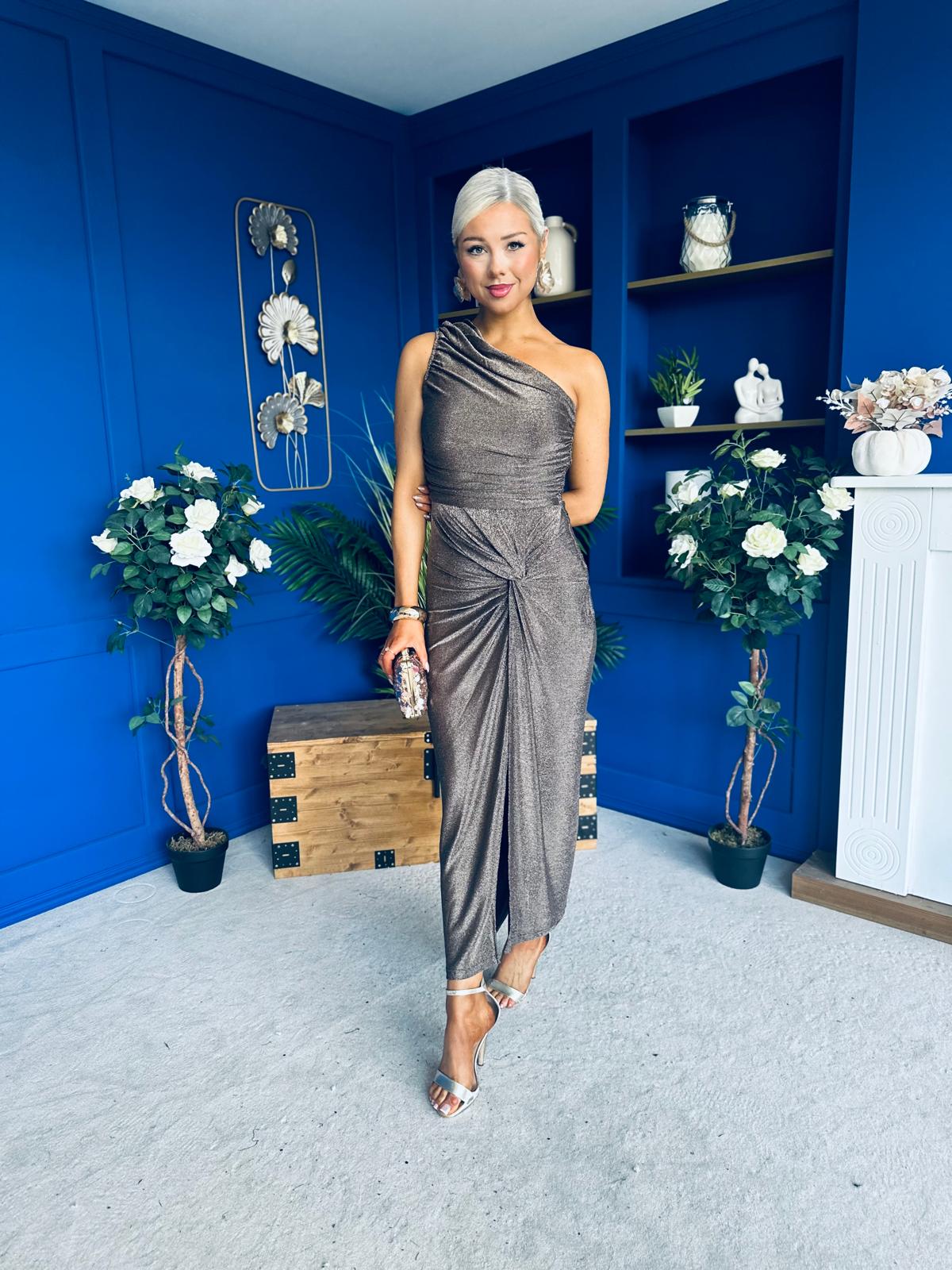 Emelda Shimmer One Shoulder Midi Dress