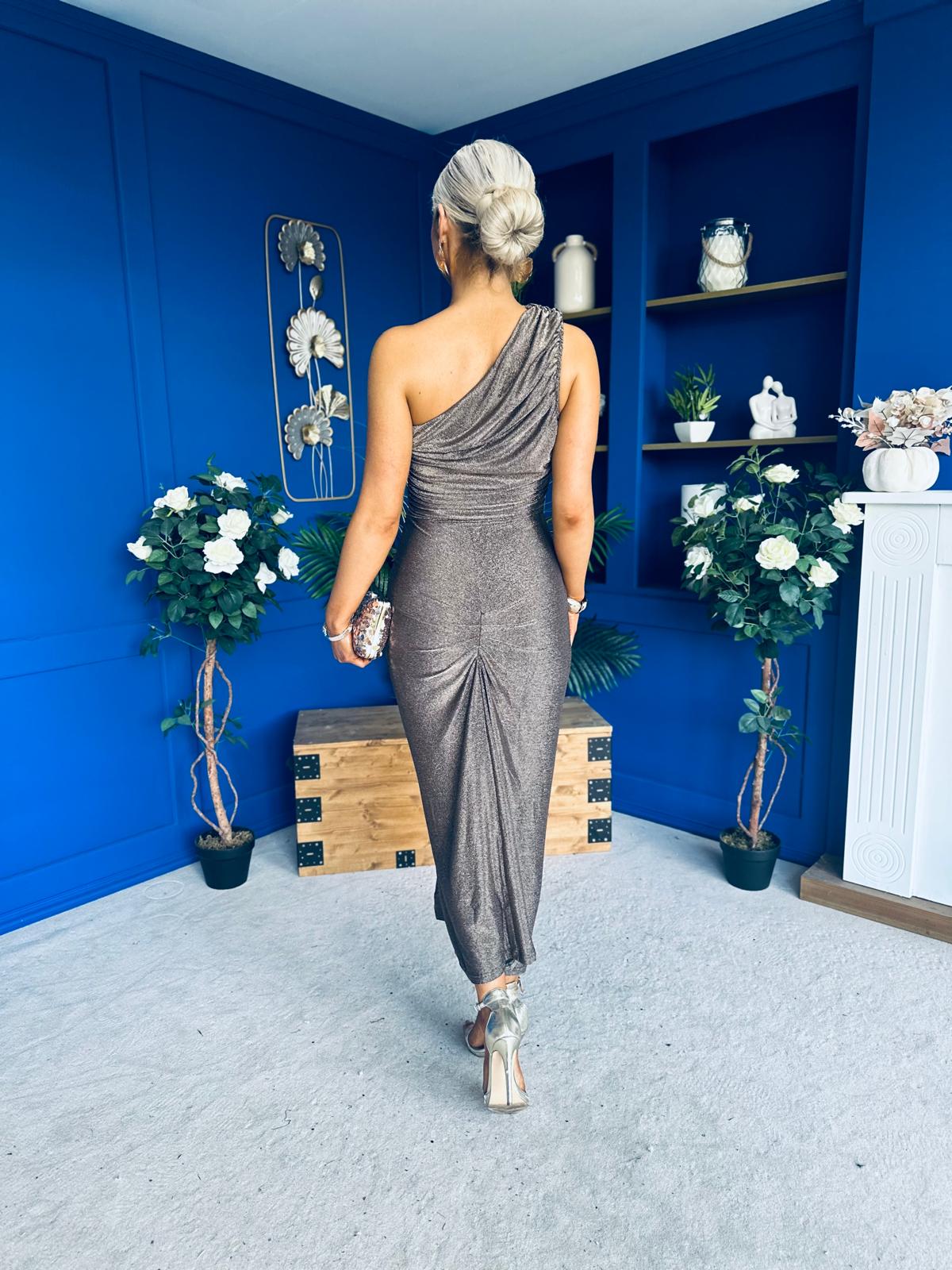 Emelda Shimmer One Shoulder Midi Dress