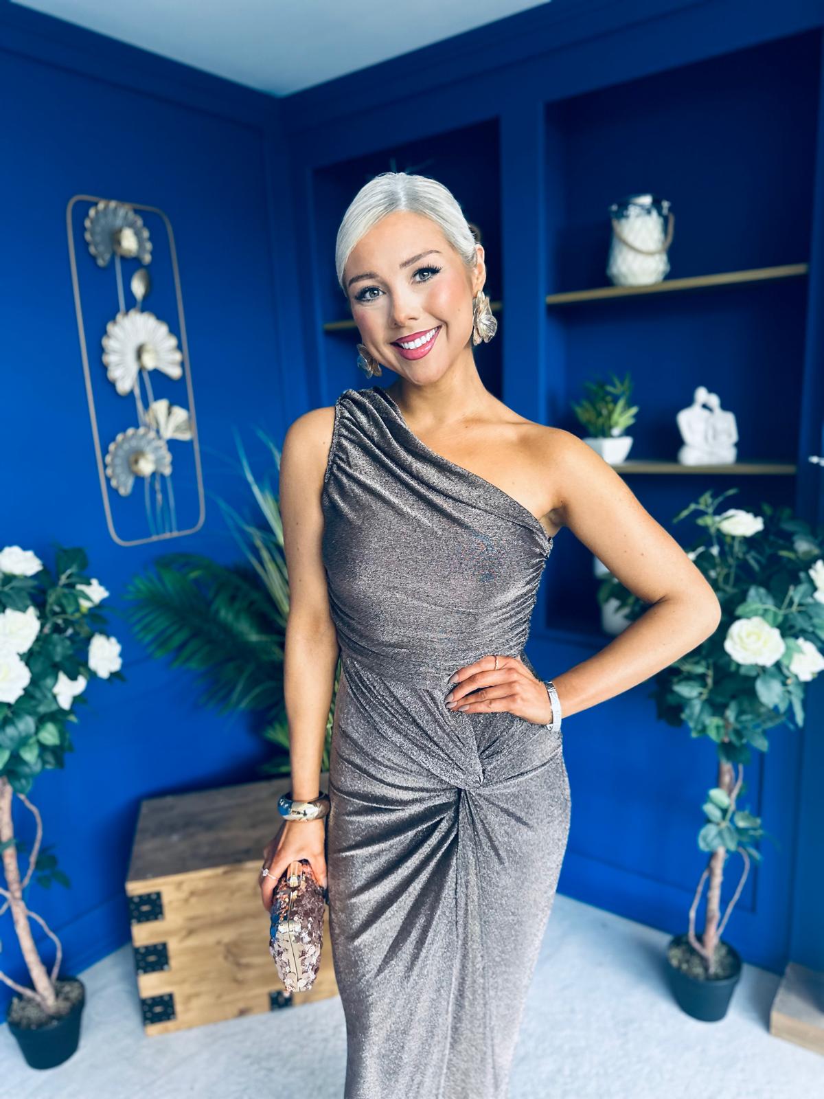 Emelda Shimmer One Shoulder Midi Dress