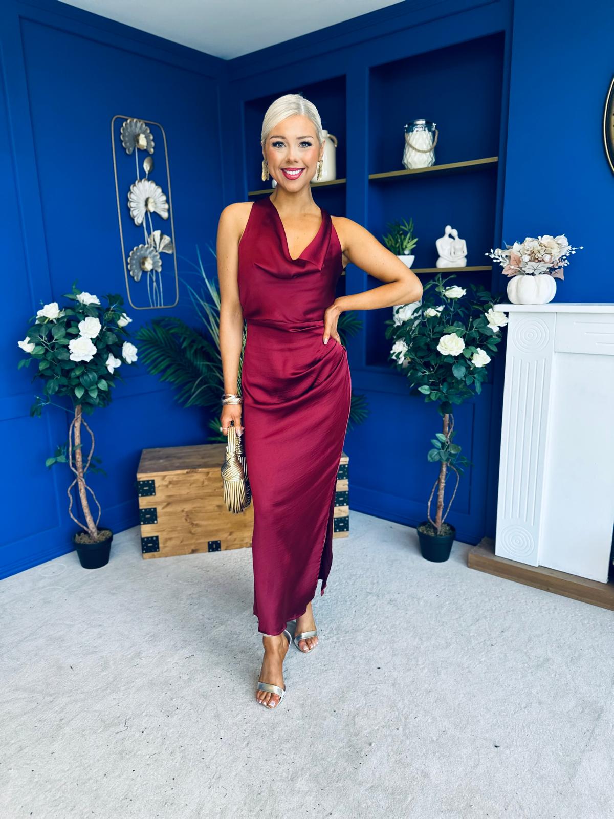 Lucia Satin Cowl Neck Cross Back Midi Dress Wine PRE ORDER 28 OCT