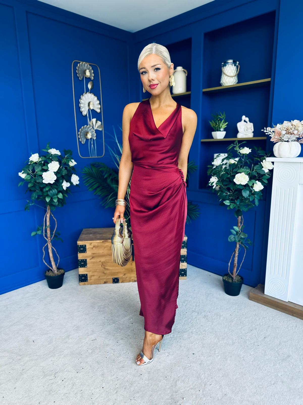 Lucia Satin Cowl Neck Cross Back Midi Dress Wine PRE ORDER 28 OCT