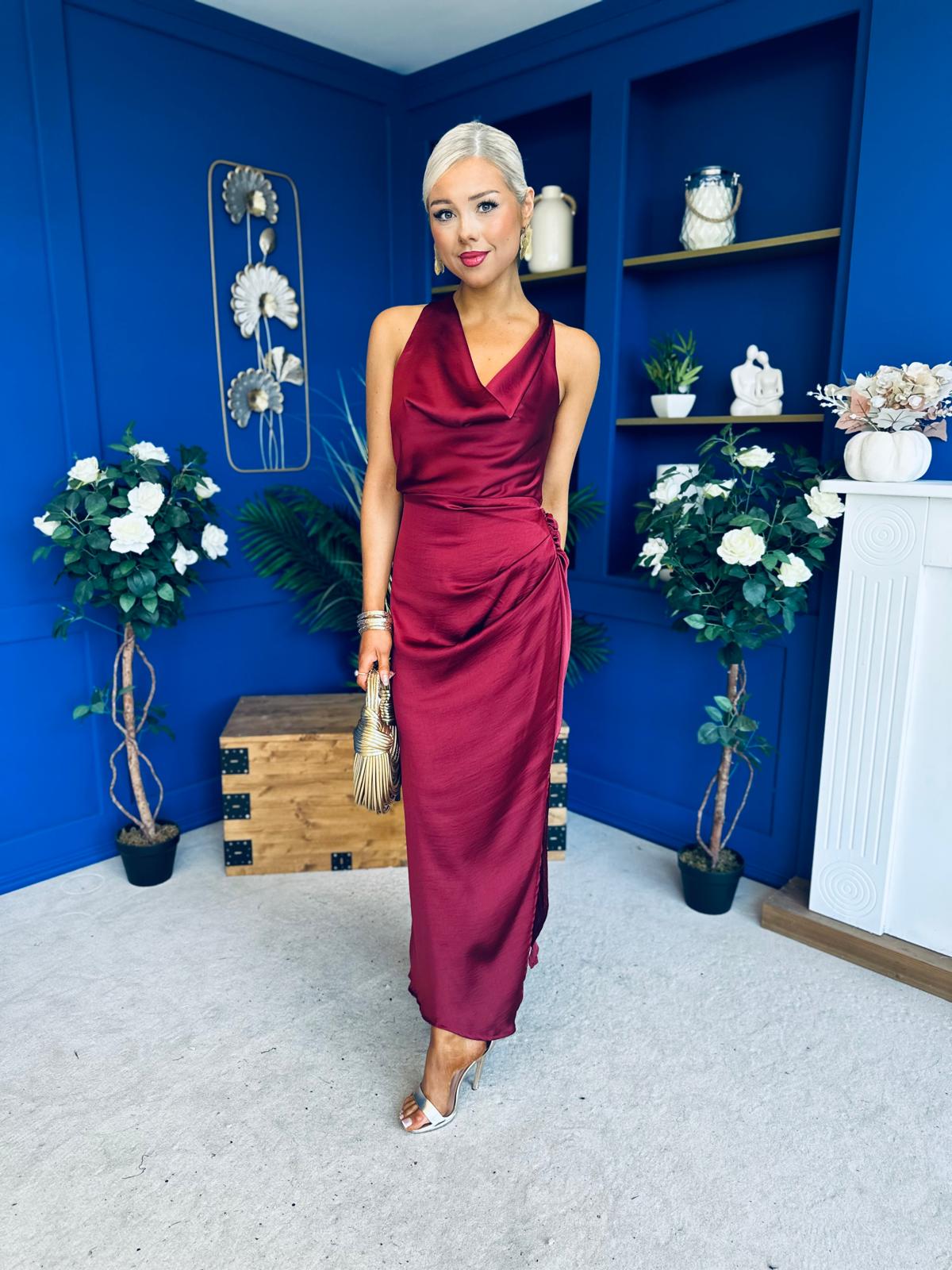 Lucia Satin Cowl Neck Cross Back Midi Dress Wine PRE ORDER 28 OCT