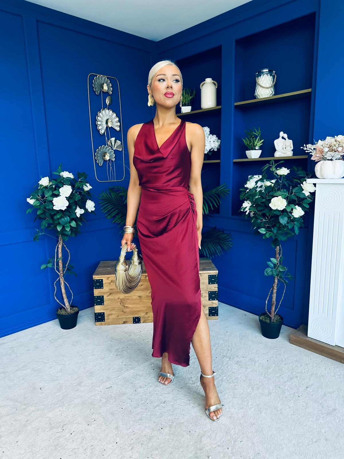 Lucia Satin Cowl Neck Cross Back Midi Dress Wine PRE ORDER 28 OCT